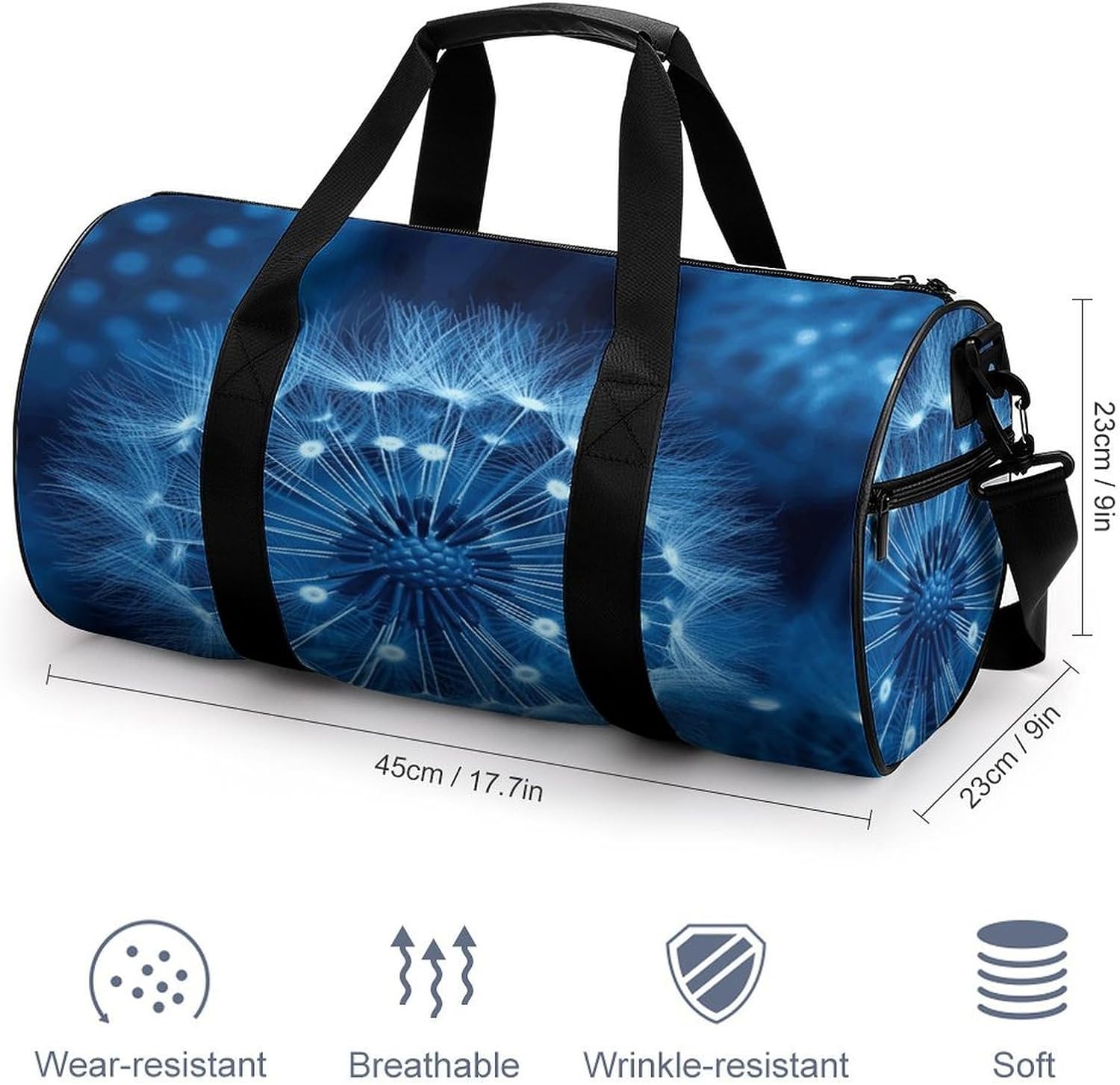Aesthetic Sports Bag for Women Blue Dandelion Printed Duffle Travel Bag for Men Women Mini Workout Bags Cylindrical Gym Bag