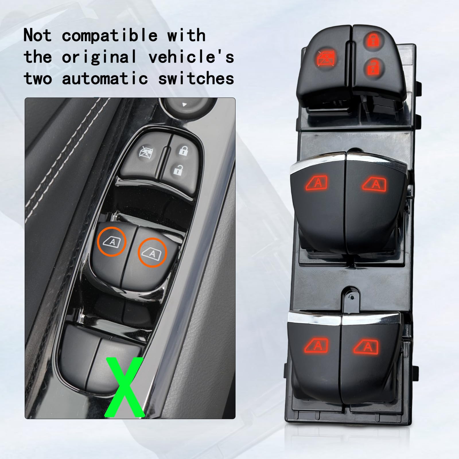 Aktualizacja z włącznikiem szyb LED kompatybilny z Nissan Altima13-18Pathfinder 13-20 Sentra13-23 Rogue 14-20 Juke11-17 Leaf 25401-3TA5A 3SH1A/3NF0A (aktualizacja funkcji jednym kliknięciem ze