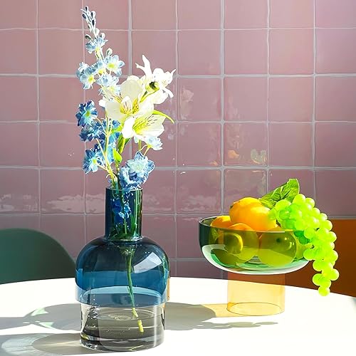 Miniatura 4 de Cloudnola Florero grande reversible de cristal y florero, gris ahumado y azul, 9.5 pulgadas de alto x 5.6 pulgadas de diámetro, decoración del