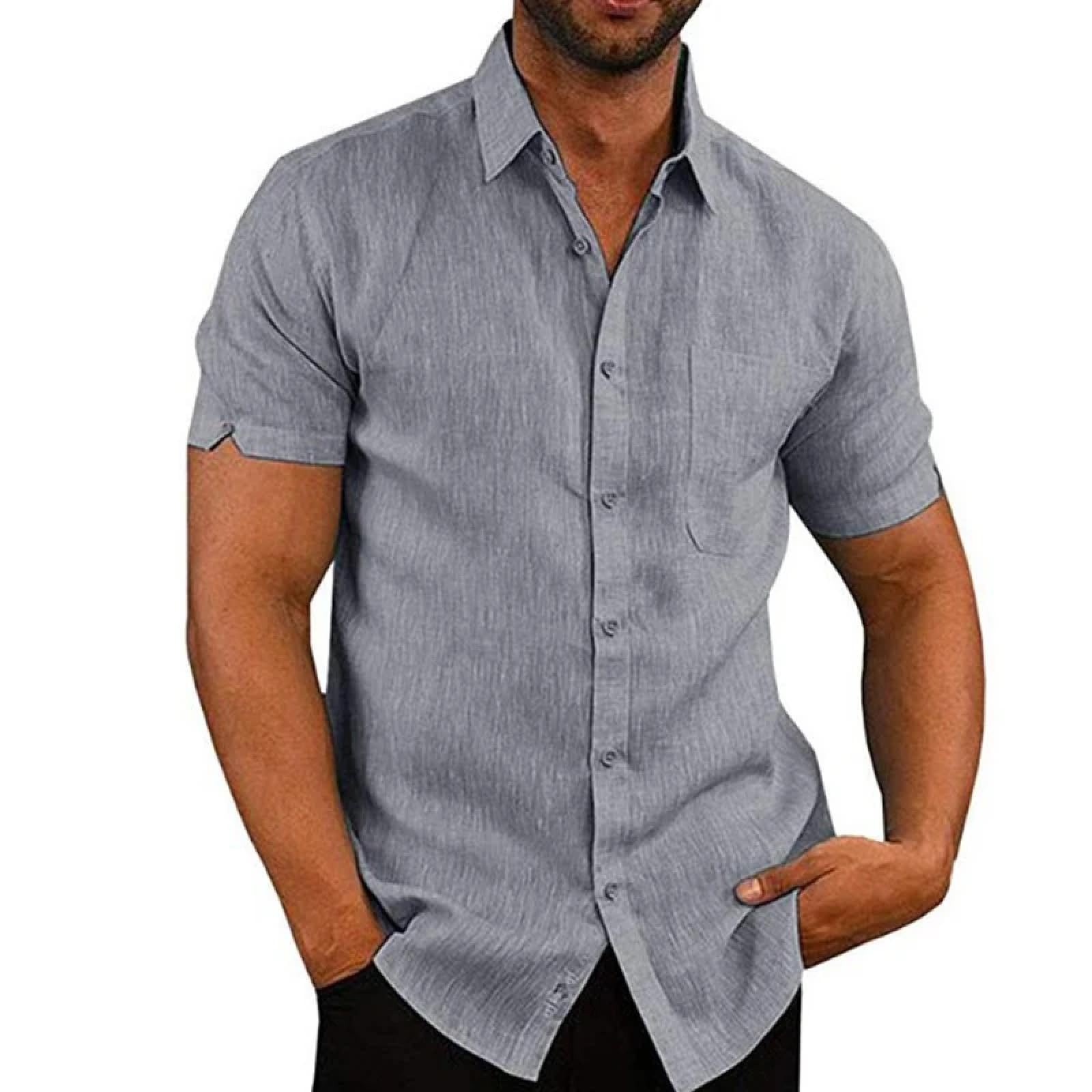 T Shirts Hemd Baumwolle Leinen Freizeithemden Männer Kurzarm Einfarbig Umlegekragen Hemd Herren Atmungsaktiv Strand
