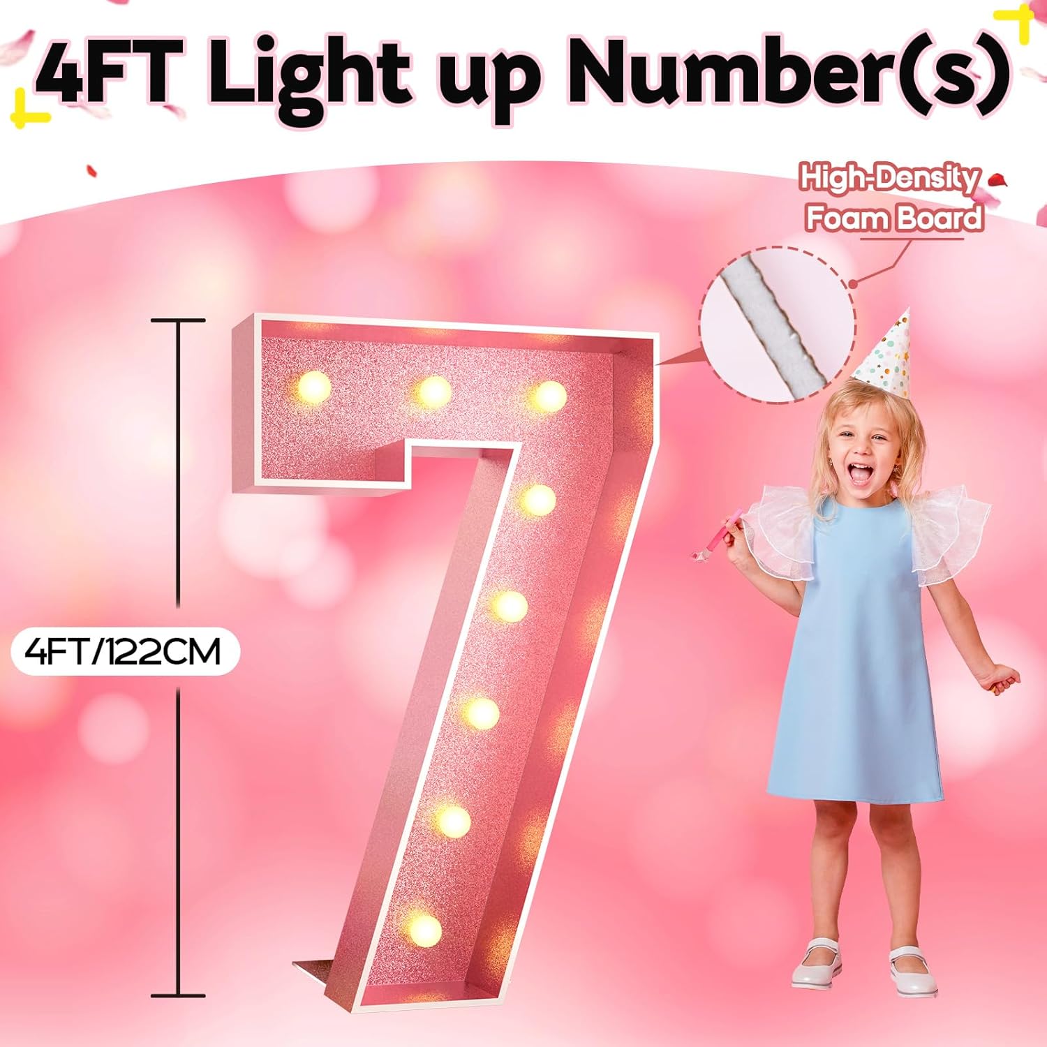 HILAVO Number 7 Light Up Number 4FT, Large Light Up Pink 7 Marquee Mosaic Decorations for Party, Big 4 Feet Tall DIY Frame Pre-Cut Foam Board Kit for Birthday Anniversary