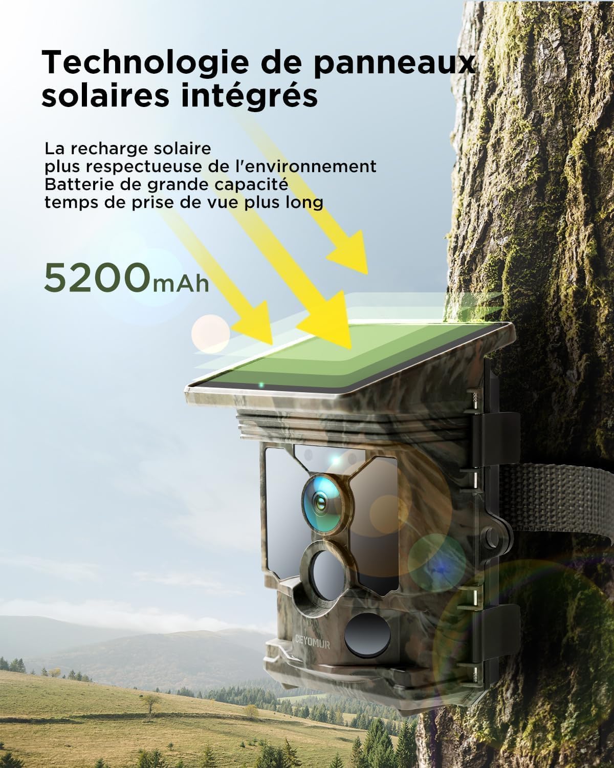 CEYOMUR Caméra de Chasse Solaire 4K 68MP 30fps, WiFi Camera de Chasse | 5200mAh Batterie Rechargeable, Carte Micro SD U3 32GB, Vision Nocturne HD, 0,1 Activée par Mouvement IP66 Étanche