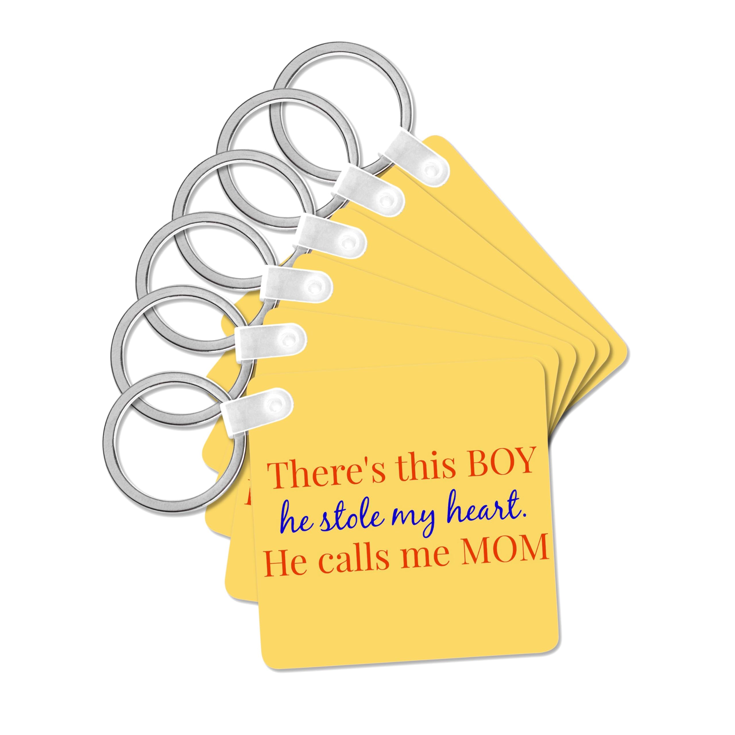 3dRose, Theres this boy, he stole my heart, he calls me mom, yellow background, set of 6 Key Chains