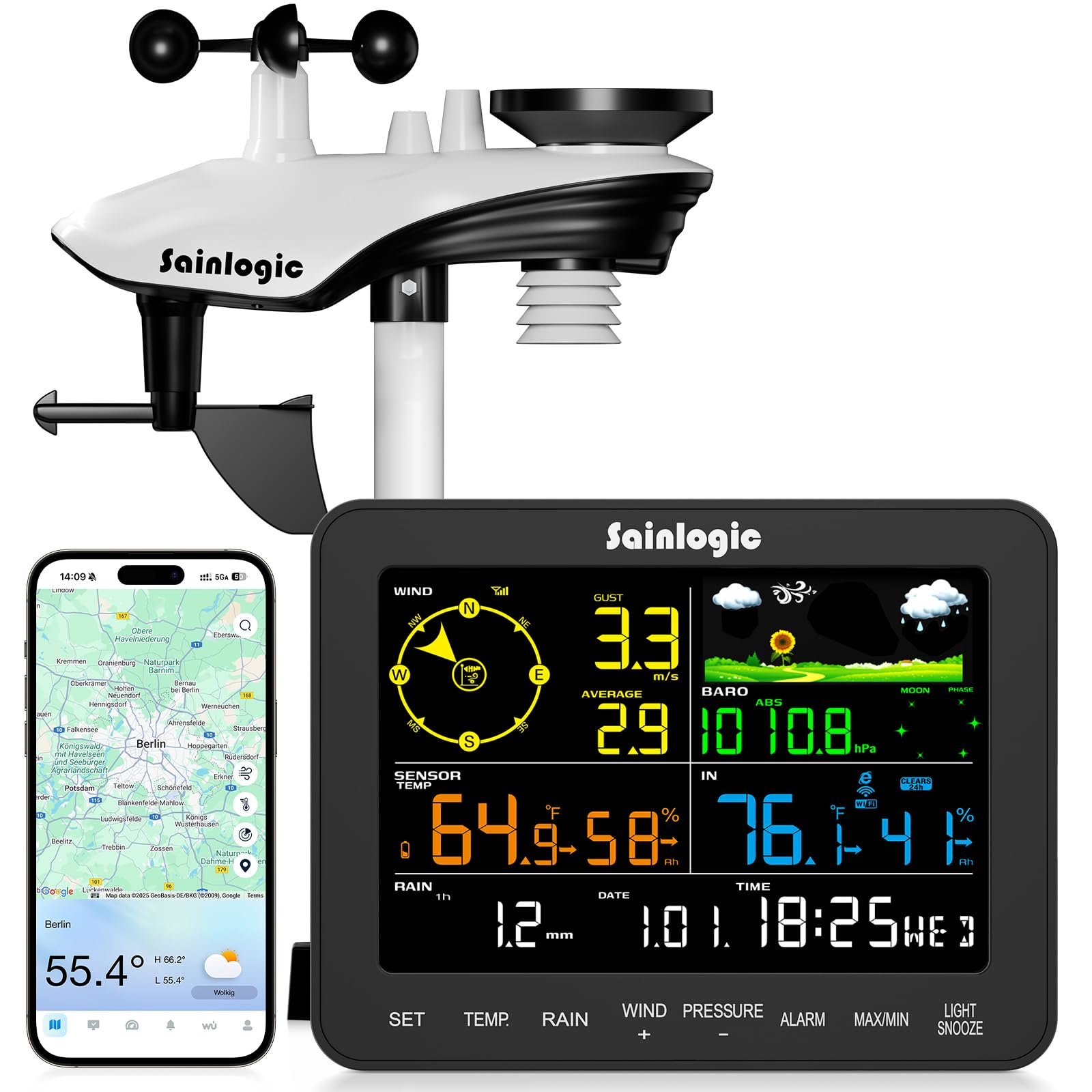 Sainlogic Smart Wetterstation mit WLAN, 12-in-1, 24/7 KI von Weatherseed®,APP/E-Mail-Warnungen, Regenmesser & Windmesser, 2 Jahre Datenspeicherung(Nur 2.4GHz)