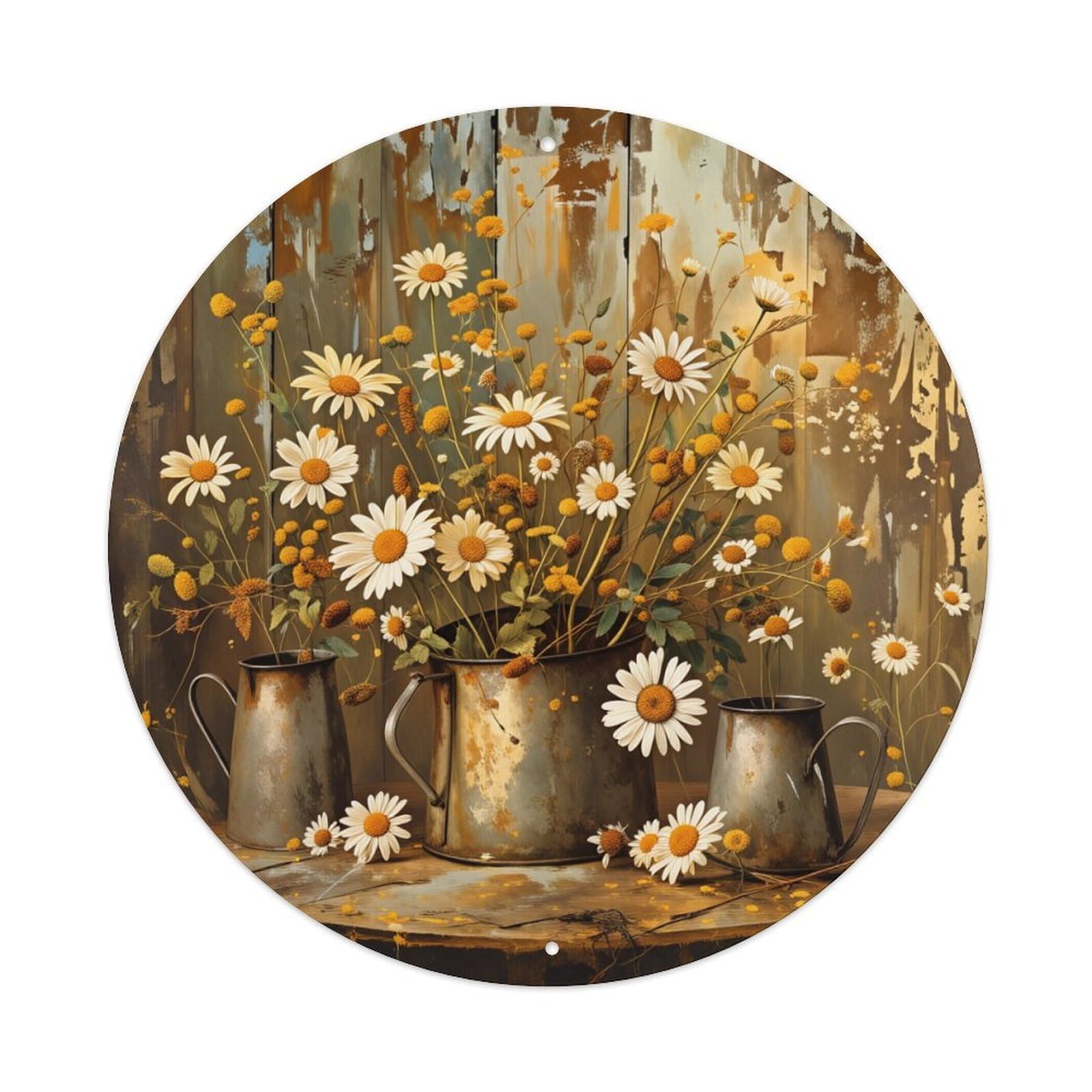 Rustic Metal Vases With Daisies Round Tin Sign Vintage Metal Sign Home Bar Garden Indoor & Outdoor Wall Decor Retro Metal Poster 8x8 Inch