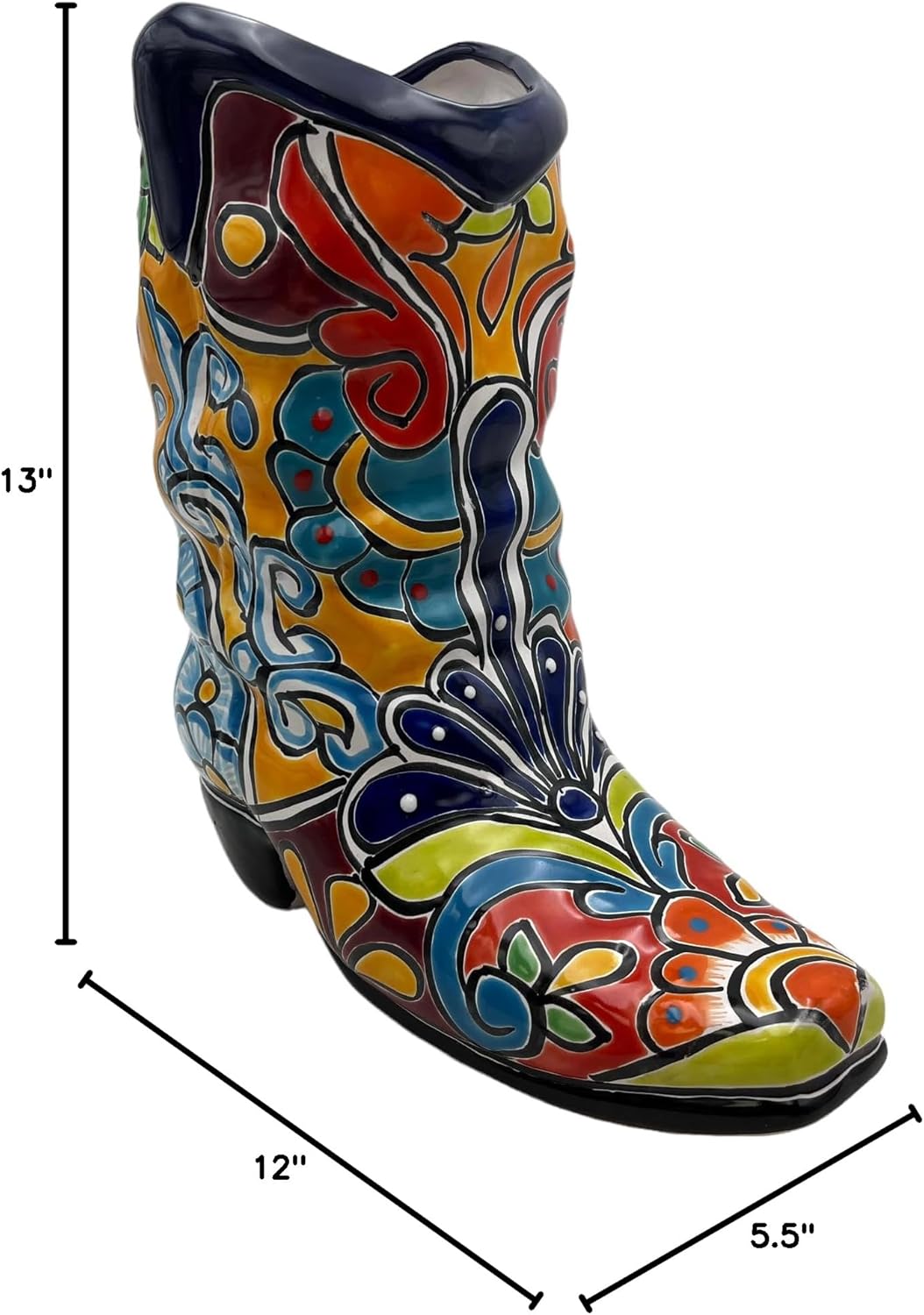 Talavera Boot Planter Pot Mexican Pottery Folk Art Home Decor Hand Painted Handmade Indoor Multicolor Outdoor 13"
