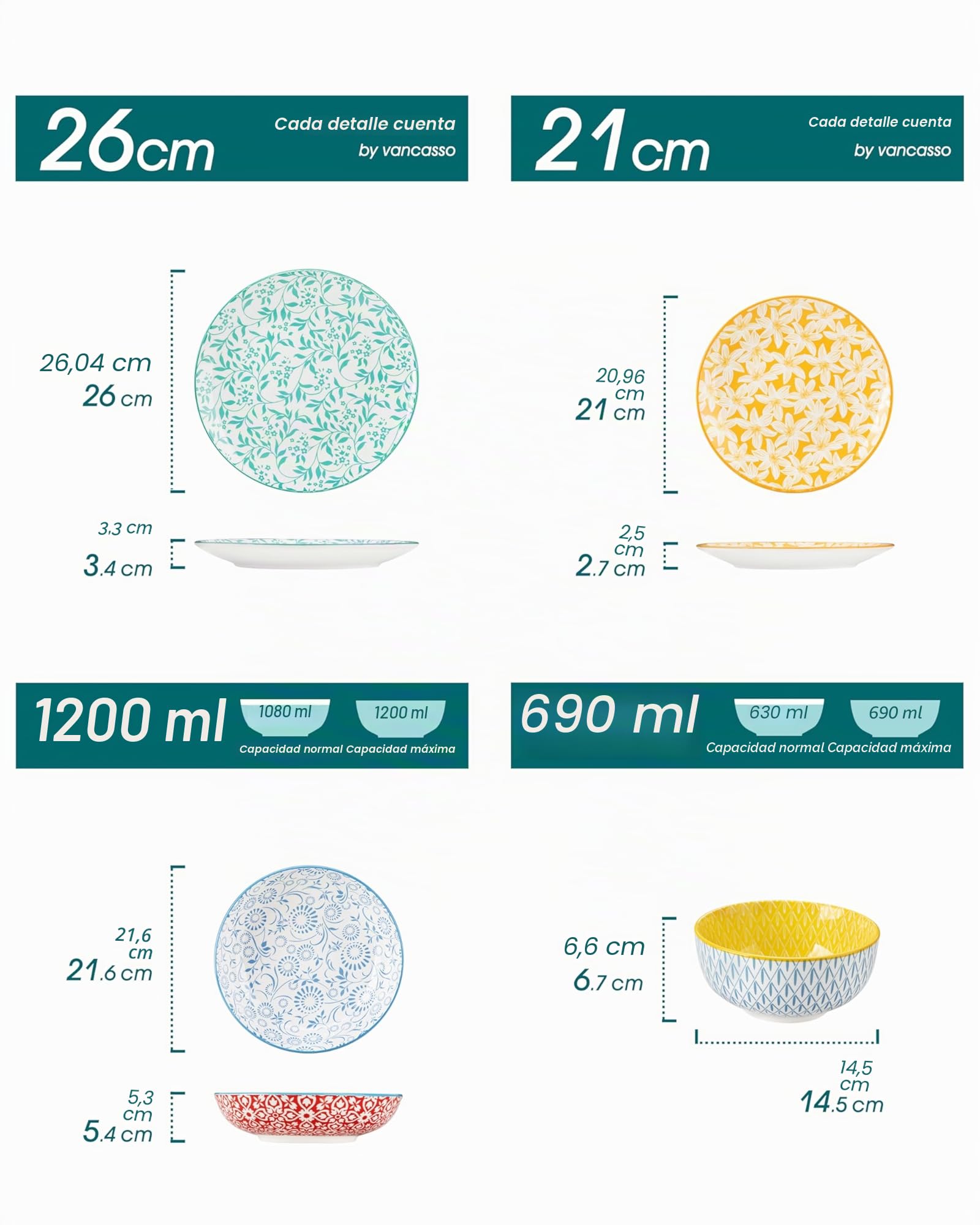 vancasso SELENE Vajillas Completas 6 Personas, Juego de 24 Piezas Vajillas en Porcelana Pastel - 6 Platos Llanos, 6 Platos de Postre, 6 Cuencos para Pasta y 6 Cuencos, Apto para Lavavajillas