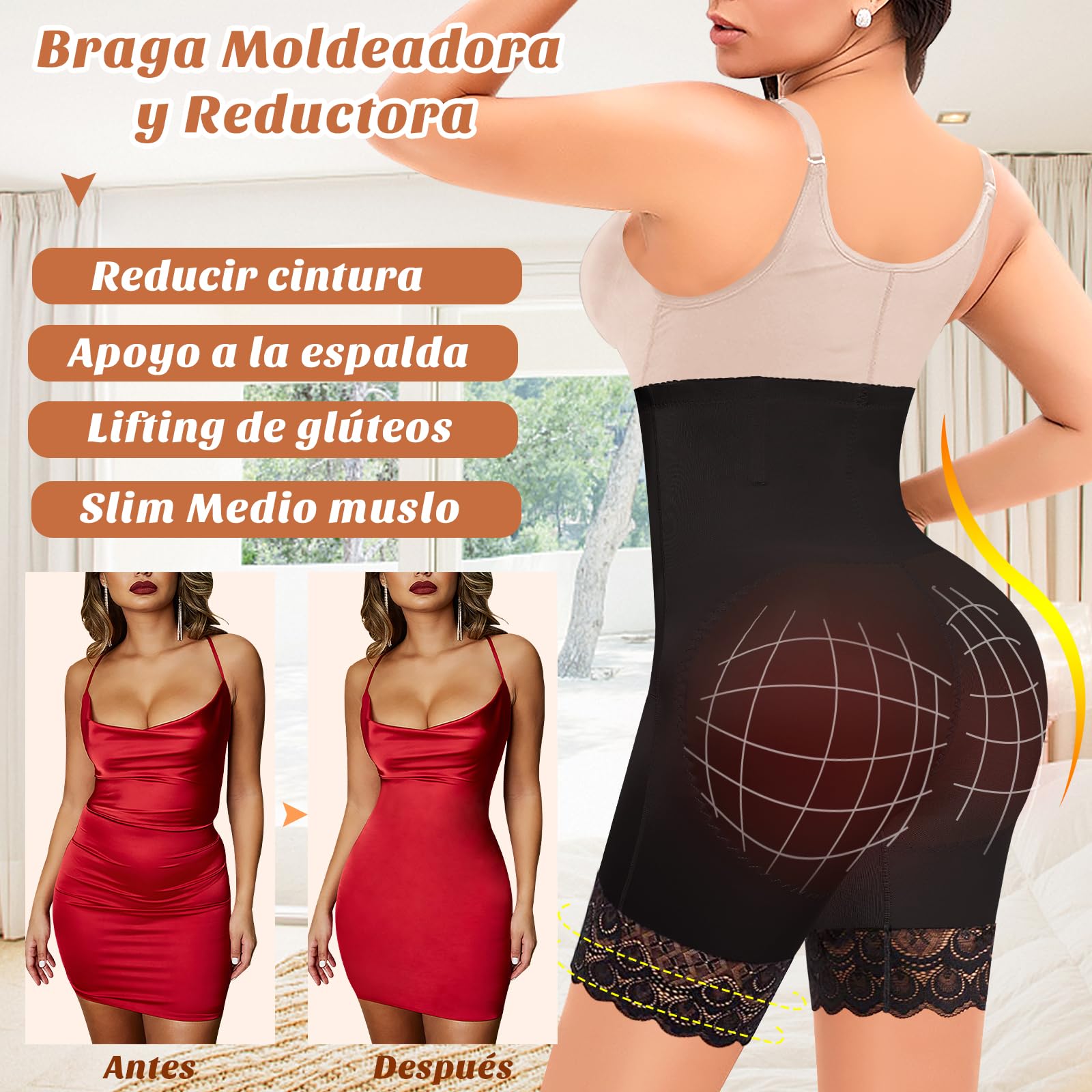 YARRCO Braga Faja Reductora Mujer de Encaje Invisible Faja Pantalon Reductora Moldeadora Adelgazante Braguitas Shapewear Fajas Postparto sin Costuras Cintura Alta Leggings Pantalones Cortos