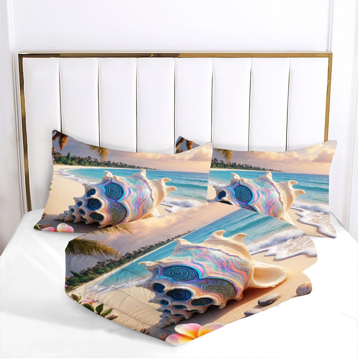 Ensemble Lit Complet 160x200 cm Coquillage Coloré, Housse en Microfibre Imprimée et Duvet Coton 4 Saisons, Comprend 2 Taies, Excellence et Qualité Supérieure, Chaud et Respirant I264-