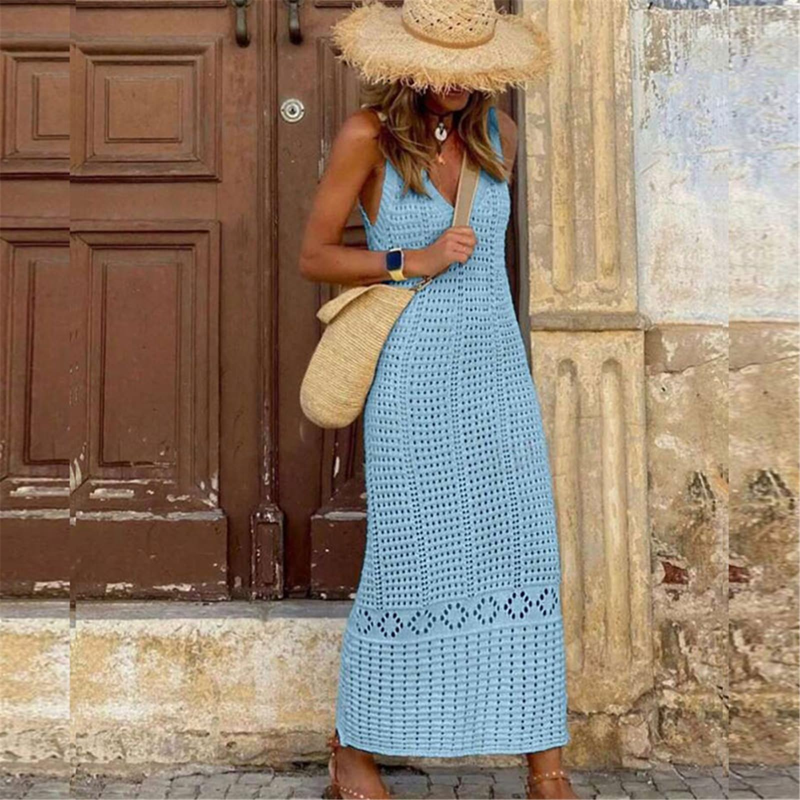Elegante abito lungo in maglia scavata per costumi da bagno Beach Coverup Dress Comodo per feste in piscina e vacanze al mare