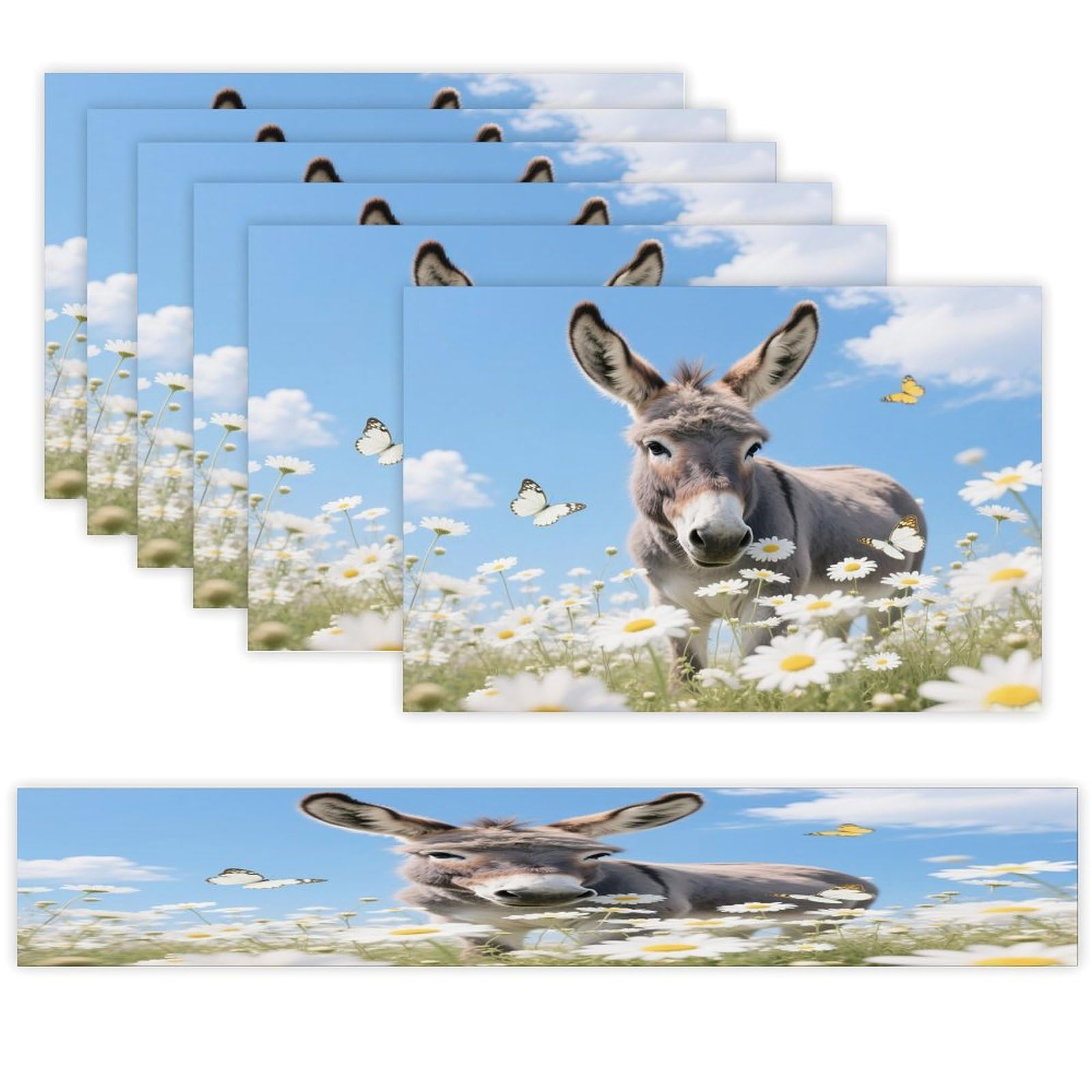 Donkey & Butterflies Table Runner and Placemats Set of 7 Linen Table Mat Non-Slip Place Mats Washable Placemat Heat Resistant Place Mat with Table Runner for Party Dining Decor