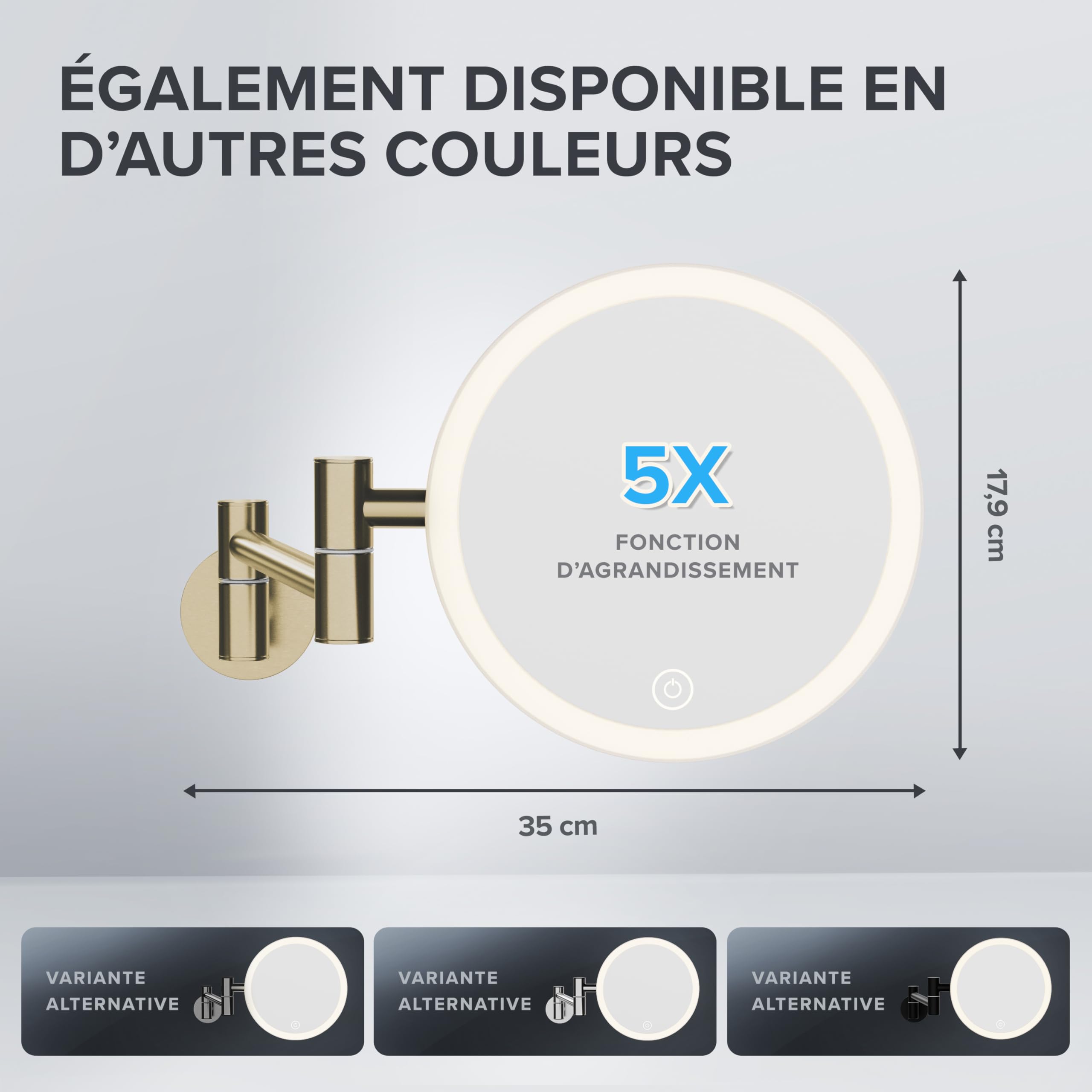 0vimar cosmétique Blavand Or | avec éclairage | Rechargeable | Montage Mural pour perçage | dans la Salle de Bain | Miroir grossissant 5X | Miroir de Maquillage | Miroir à 360 degrés