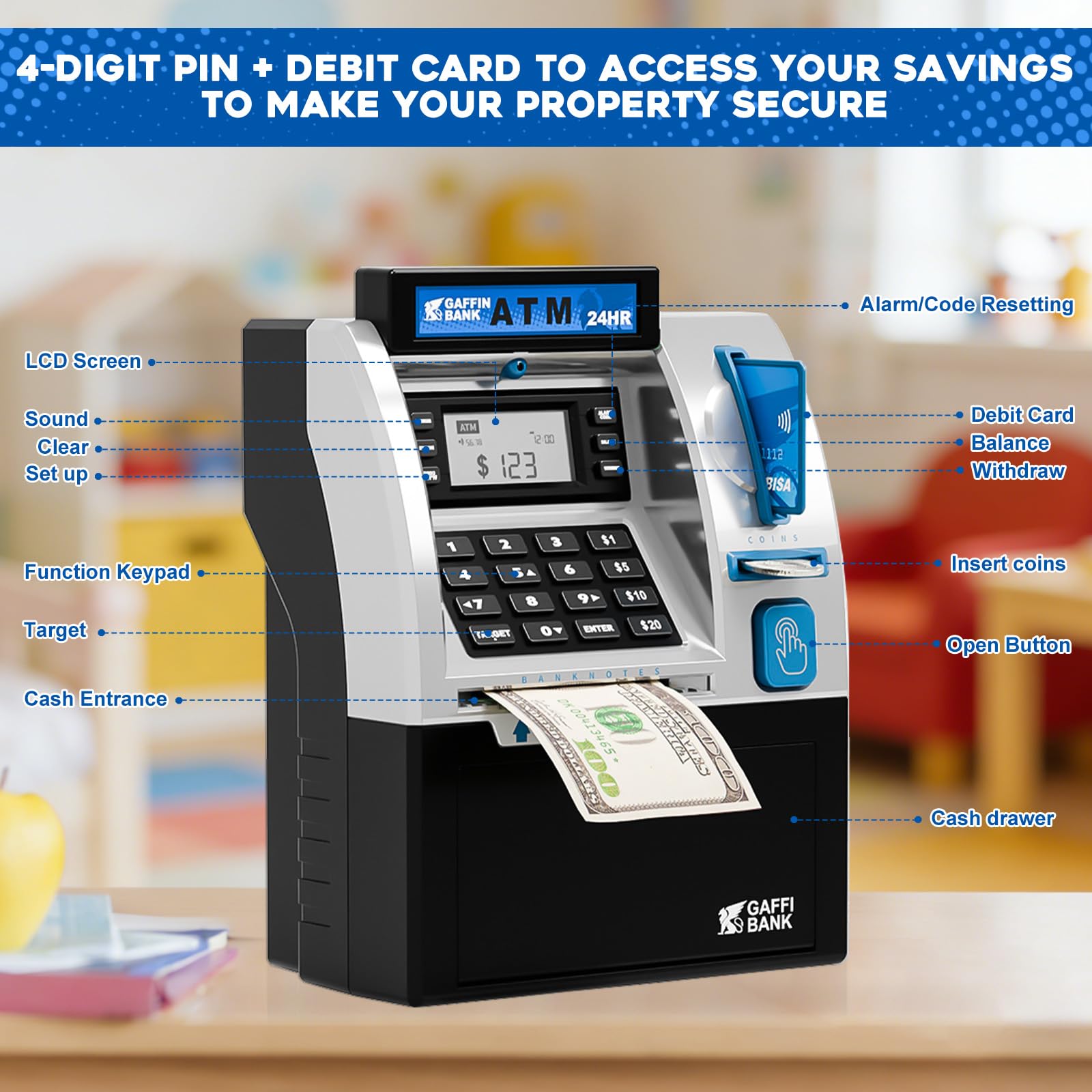 Roadtime ATM Hucha, Mini Cerdo ATM, Caja de Ahorro para Monedas y Billetes, Cofre Reutilizable, Guardacambios con Tarjeta de Débito, Caja de Ahorro Inteligente con Contraseña