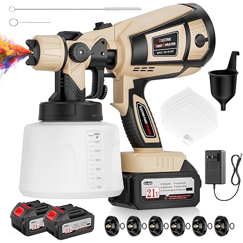 Paint Sprayer, 650W Spray Paint Gun with Battery 2 × 4.0mAh & 1400ML Container, Easy to Clean & Setup, Electric Paint Sprayer for House Painting Graffiti Wall Fence Furniture DIY Projects (Brown)