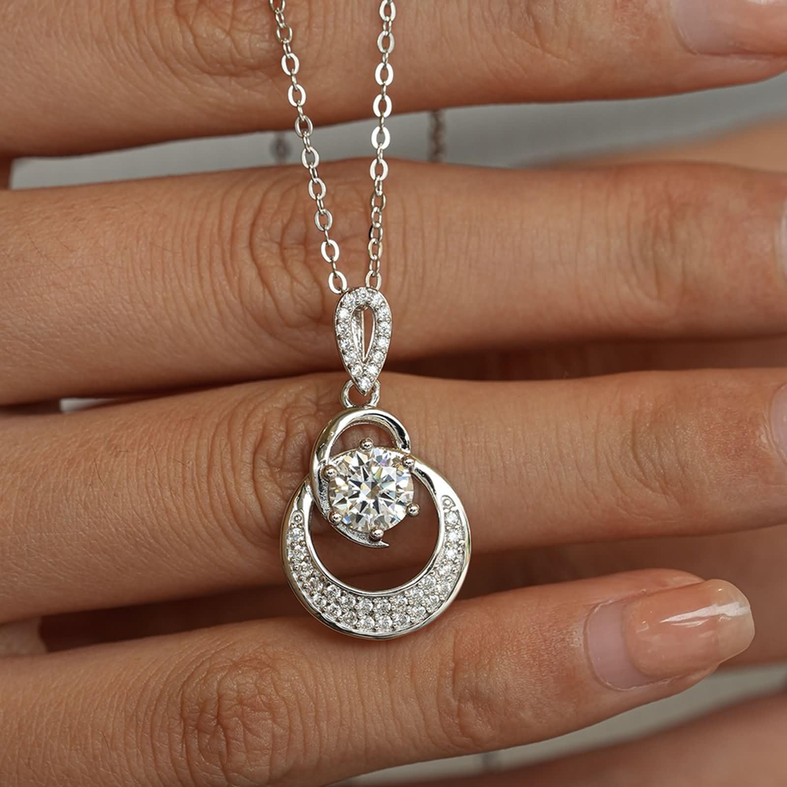 Collana Oro Bianco 9 K/14 K/18 K con Pendente Donna, Cerchio Cavo con Moissanite da 1ct, Collana Catena Donna Argento