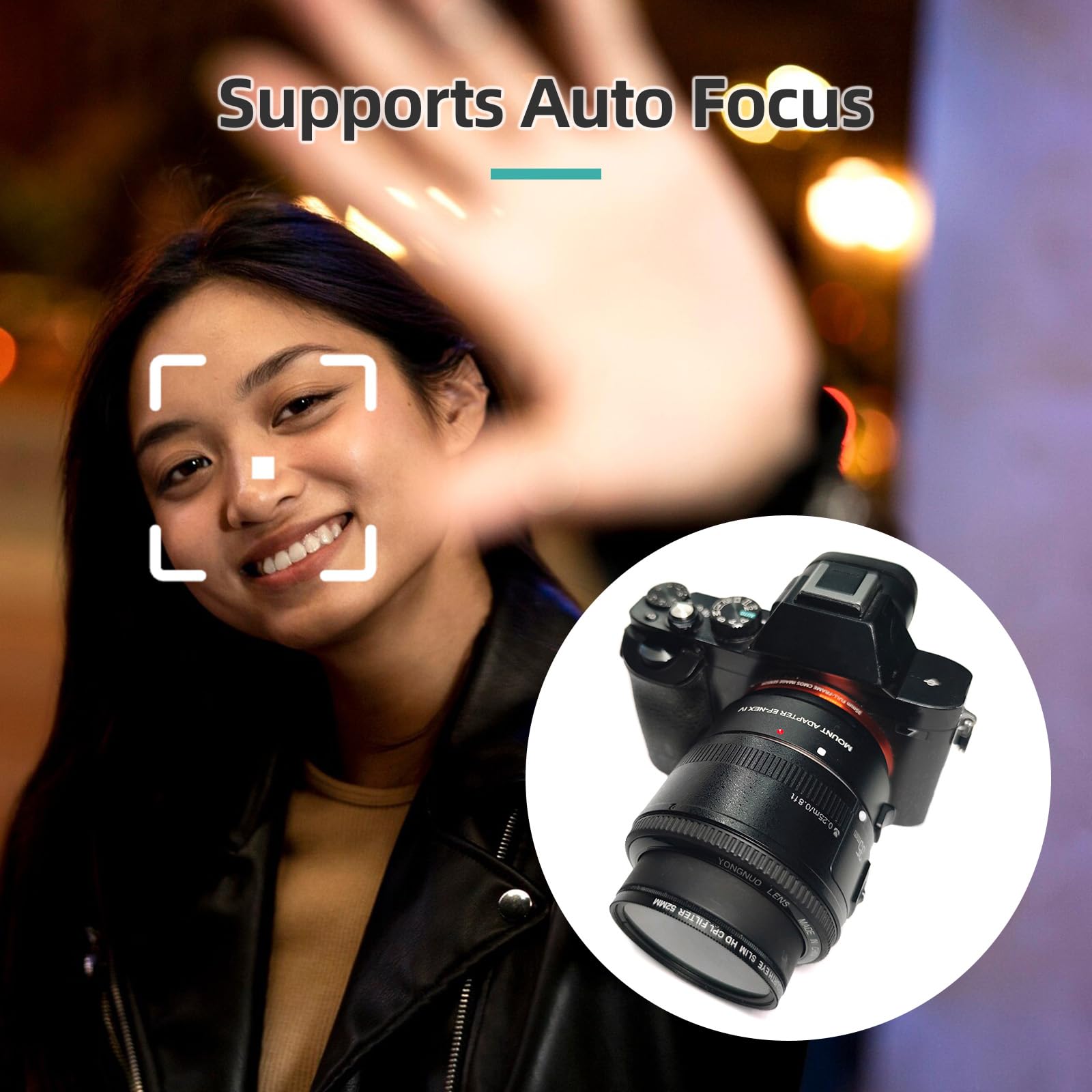 Andoer Upgraded USB Auto Focus EF-NEX IV Lens Mount Adapter Ring per Canon a Sony A7/A7R/A7M3/A7M4/A7M5/A6000 - Dettaglio