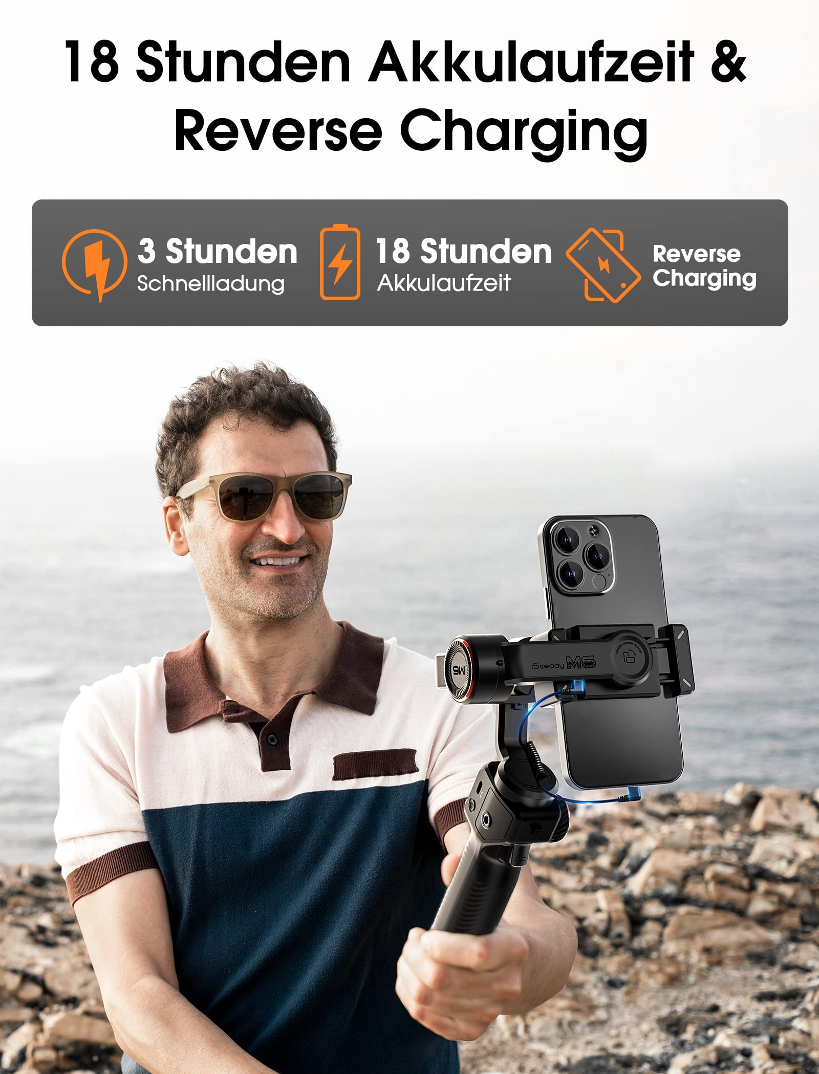hohem iSteady M6, Gimbal Smartphone, 3-Achsen Handy Stabilisator | für iPhone 15/14/13/12 Pro Max & Android, 360° Rotation, OLED-Display, 400g Zuladung, Handy Gimbal für Volgging