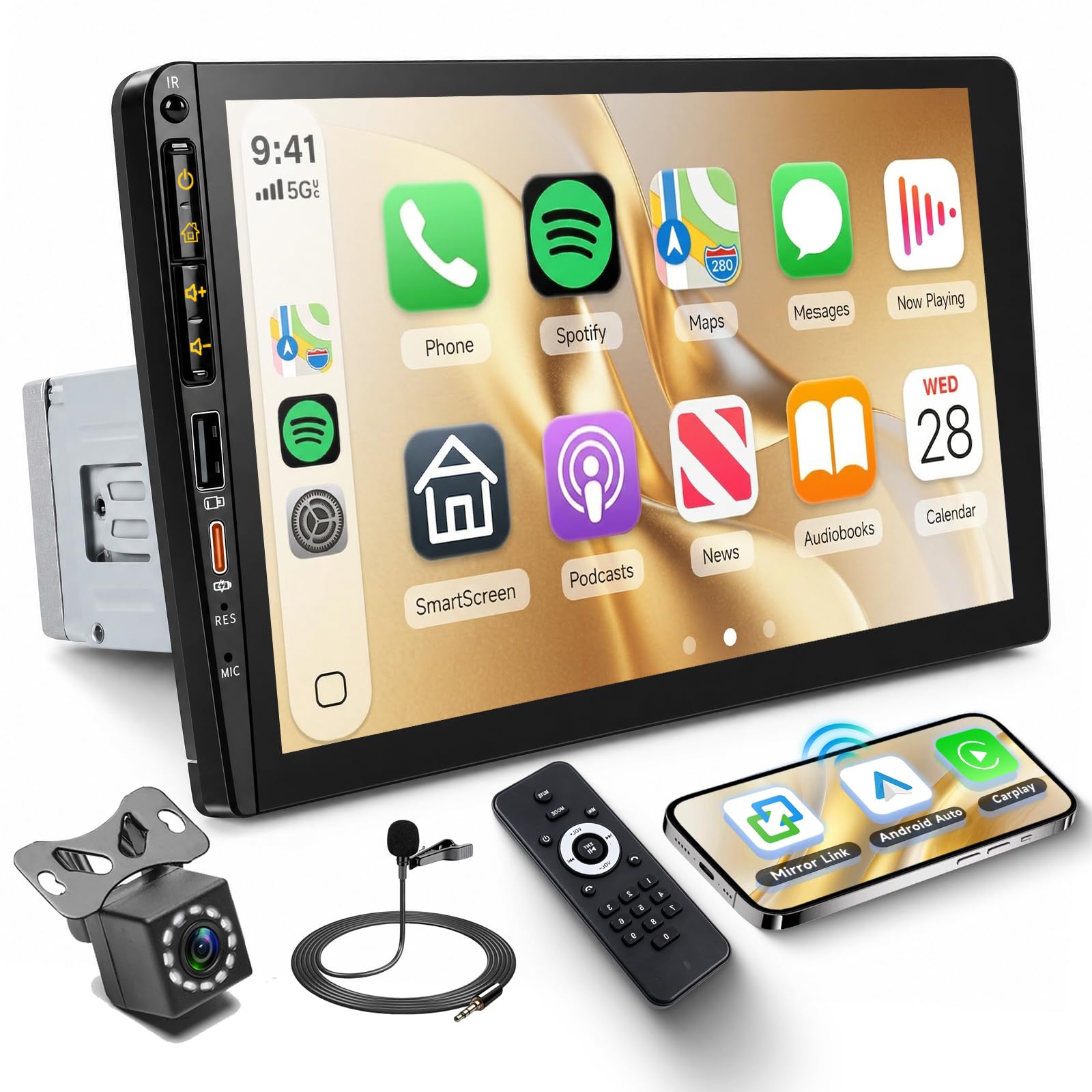 Hodozzy 1DIN カーオーディオ ワイヤレス CarPlay/Android Auto 搭載 ミラーリンク対応 シングル DIN 9 インチ IPS タッチスクリーンカーステレオ Bluetooth、AM/FM/RDS ラジオ、イコライザー、カラフルバックライト、ステアリングリモコン対応 USB・Type-C ポート付き、バックカメラ同梱