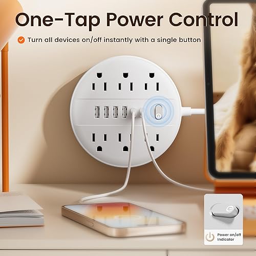 Miniatura 5 de Regleta de alimentación con protector de sobretensiones de 5 pies, cable de extensión Chiefway con múltiples tomas, 6 salidas de CA, 4 USB y 2 USB