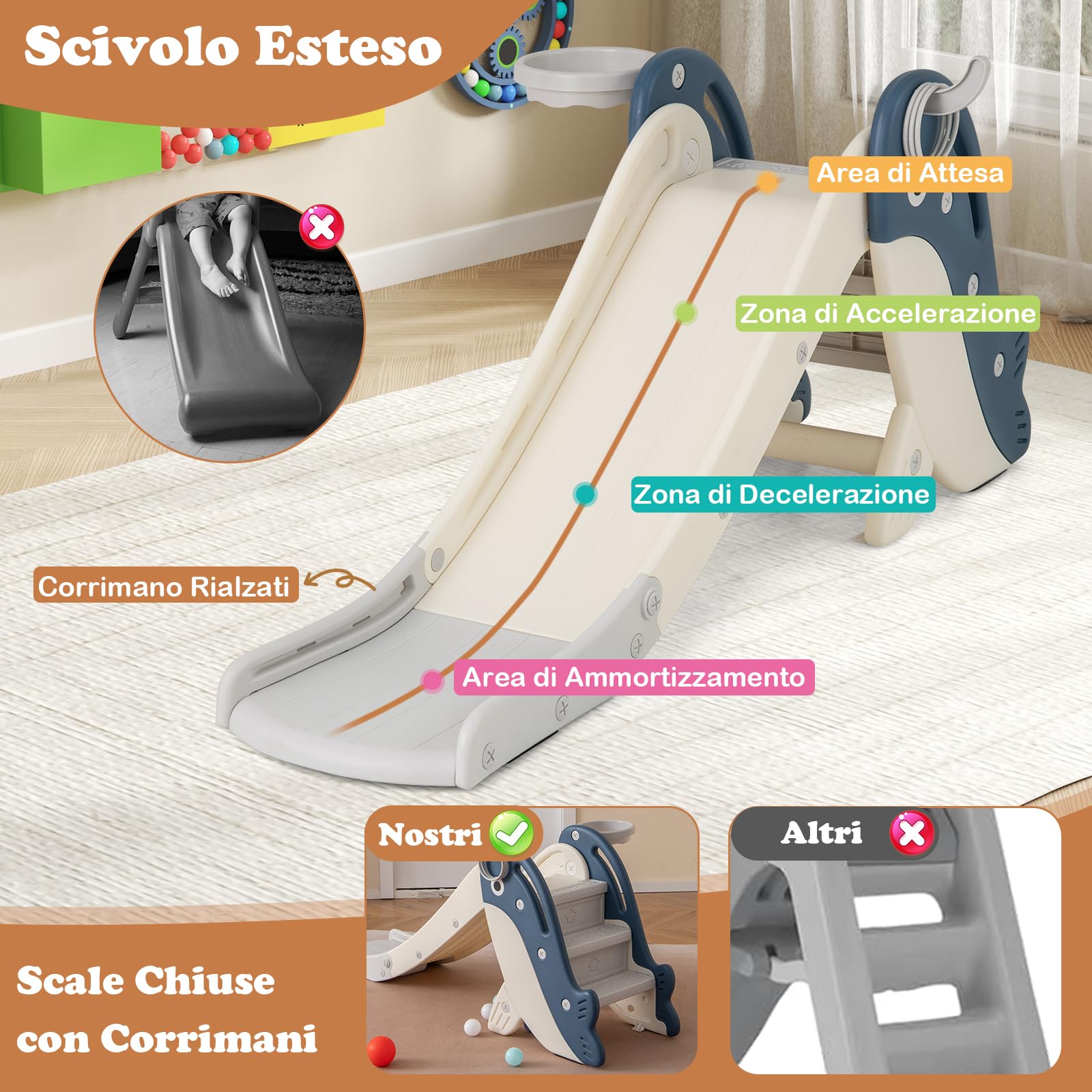 COSTWAY 4 in 1 Scivolo per Bambini, Set da Giocattolo Arrampicata con Canestro da Basket Lancio Palla ed Anelli, Scivolo Pieghevole da Interno ed Esterno per Bambini 3 Anni +