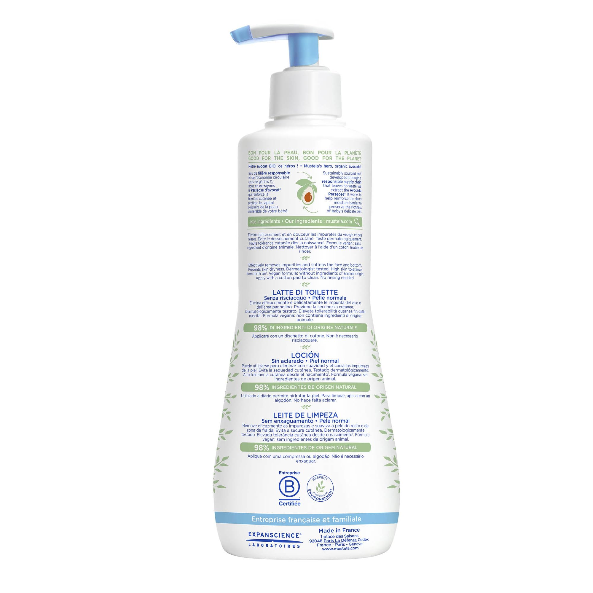 Mustella Latte Detergente Viso Corpo e Cambio Pannolino 500ml - Senza Risciacquo 98% Ingredienti Naturali