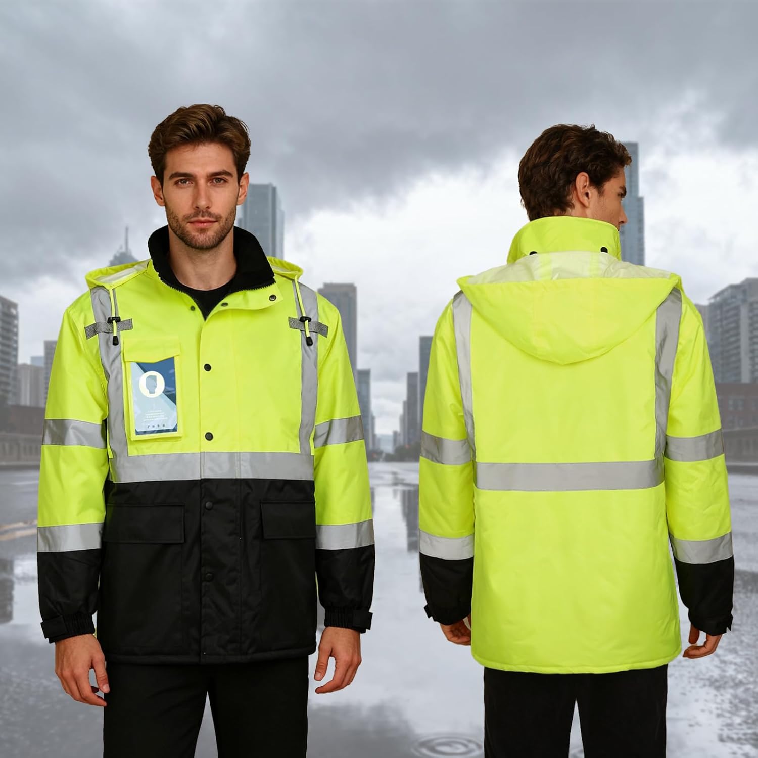 Safety Jackets for Men, Reflective Jackets for Men and Women, High Visibililty Work Coat with Pockets, High Vis Rain Gear, Waterproof, Yellow, Long, S