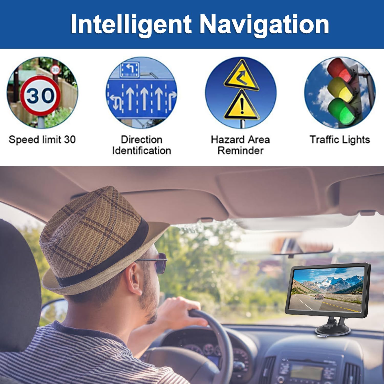 Navigateur GPS pour voiture, écran 22,9 cm, guidage vocal, cartes à vie avec guidage vocal et radars d'avertissement 2D et 3D, carte des Amériques, carte gratuite à vie