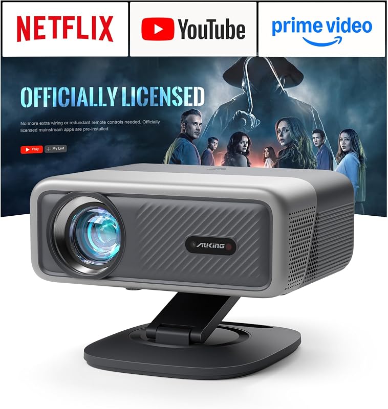 [4600 ANSI & 50W Dolby Audio] 4K Smart Projector with WiFi and Bluetooth,TOF Real-Time Auto Focus Overhead Projector, AuKing Outdoor Movie Home Proyector with Omni-Adjustable Stand(silver)