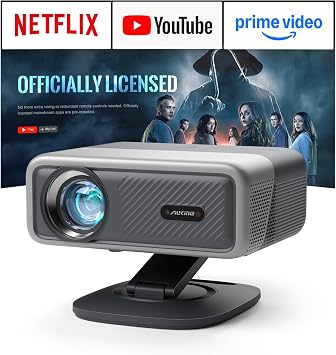 [Officially-Licensed APP & 3000ANSI] 4K Projector with WiFi and Bluetooth,3D Dolby Audio and Auto Focus Smart Projector,Outdoor Movie Home Theater Proyector with Omni-Adjustable Stand silver grey