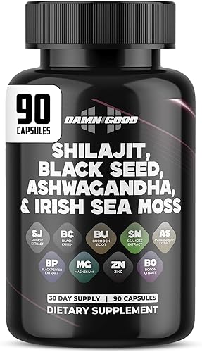 DAMN GOOD Shilajit Cápsulas Power Stack - Semilla negra, Ashwagandha, Irish Seamoss - 90 unidades
