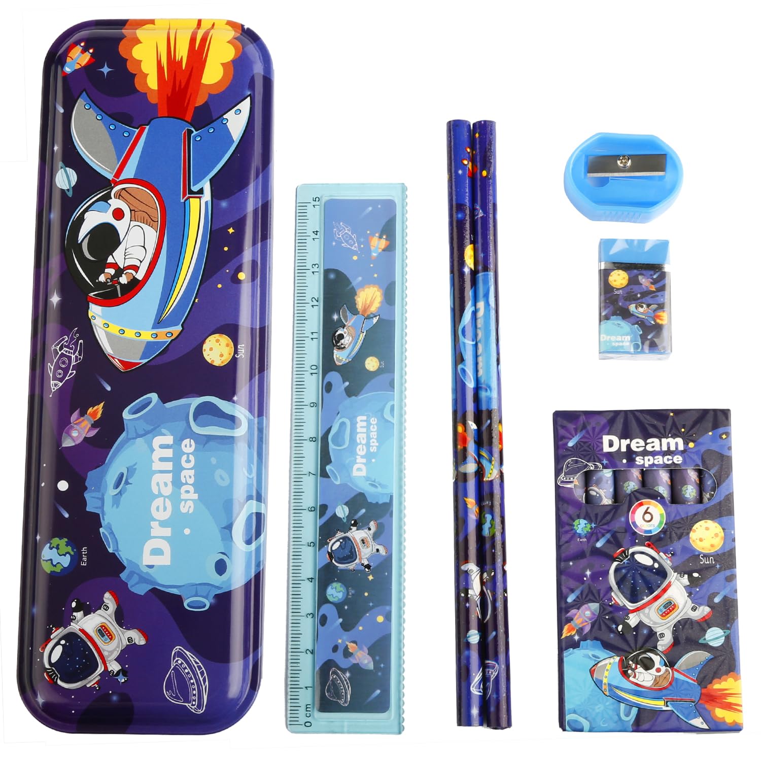 Rumyve Stationery Set,Cute Cartoon School Stationery Gift Set for Children Girls Boys with 1Pcs Pencil Case,2Pcs Pencil,6Pcs Crayons,1Pcs Rulers,1Pcs Eraser,1Pcs Pencil Sharpener(Space)