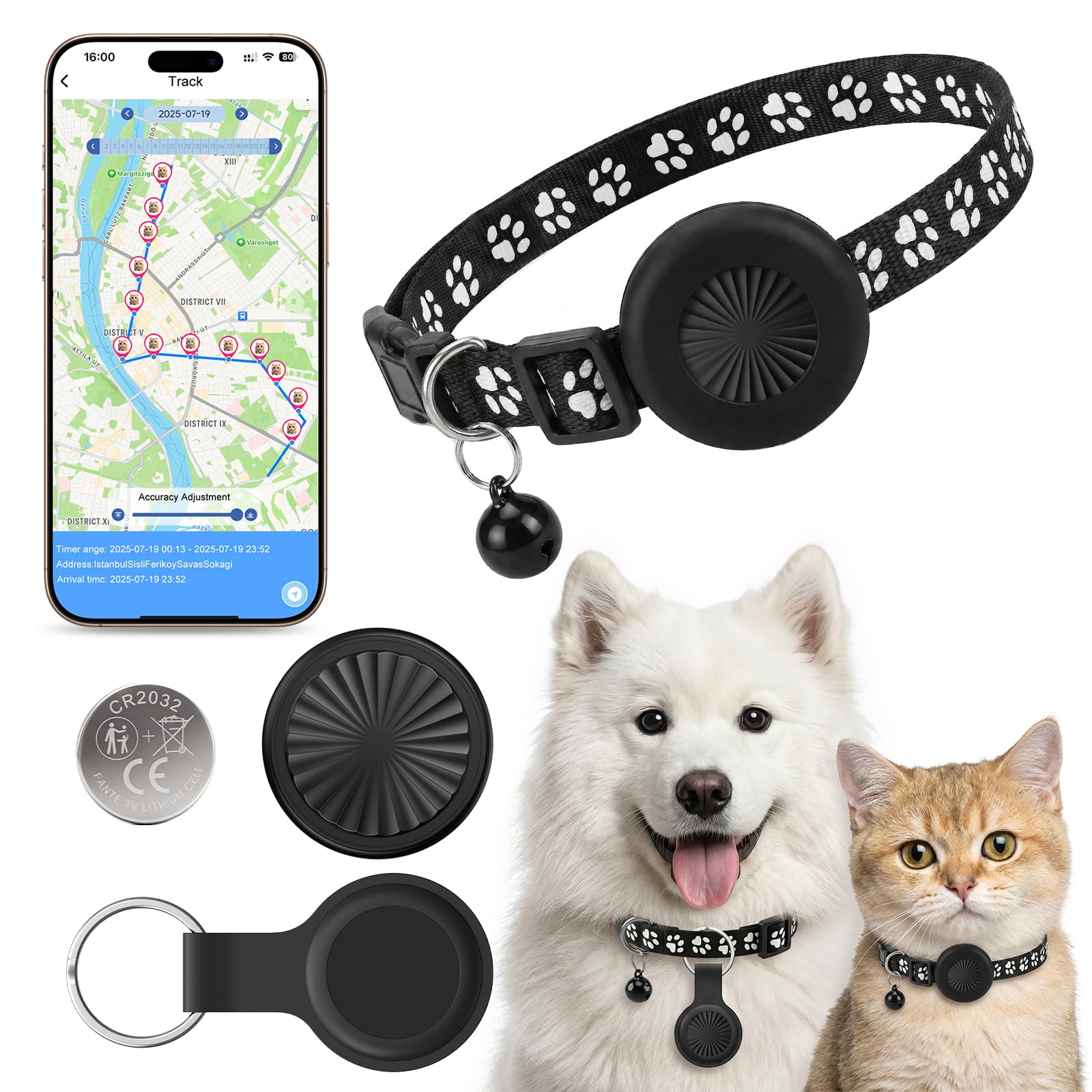 GPS Perros GPS Gatos, Localizador GPS Perros Compatible con iOS y Android, Sin Suscripción, Resistente al Agua IP67, Posicionamiento Global en Tiempo Real,Con Collar Ajustable, para Gatos/Perros/Llave