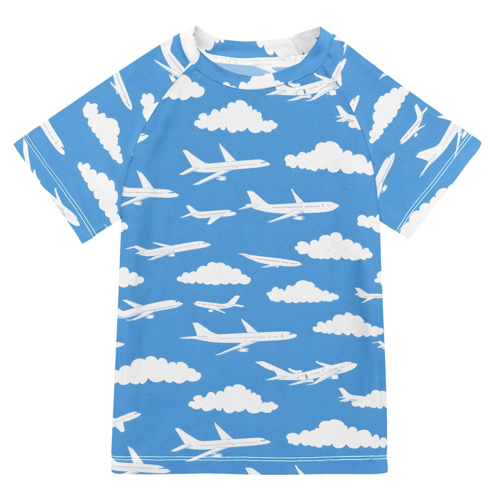 ALAZA Kids Rash Guard Toddler Swim Shirt Boy Girls Blue Airplane White Clouds UPF 50+ Short Sleeve 4T