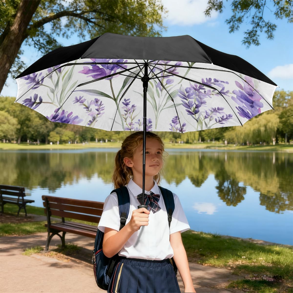 Watercolor Lavender Flower Pattern Folding Umbrella Windproof Compact Lightweight Travel Umbrella with 8 Reinforced Ribs, Portable UV Sun & Rain Protection for Men & Women
