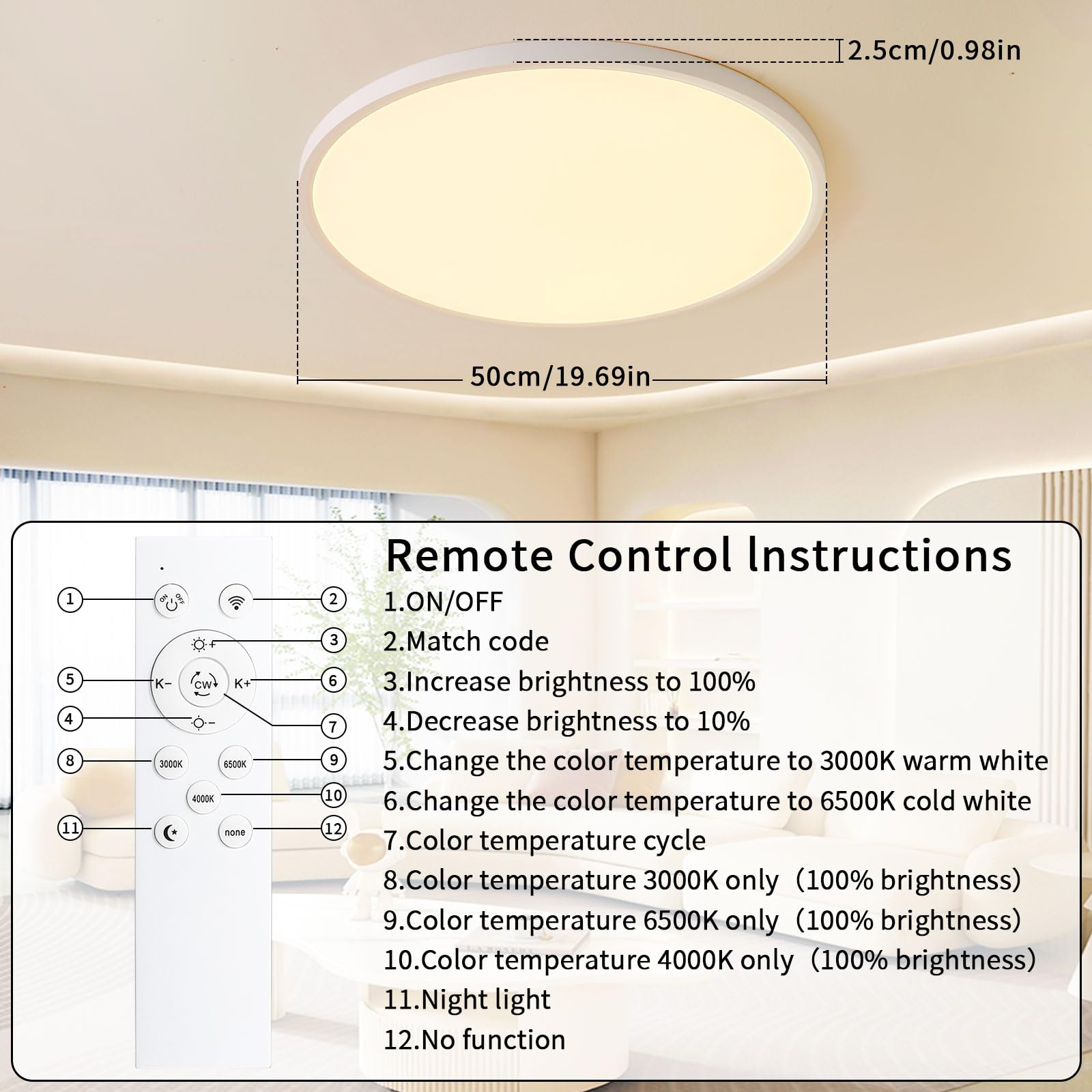 MOONSEA Plafoniera LED Soffitto, Plafoniere 48W 3000-6500K Dimmerabile, Plafoniera LED Soffitto Moderna 50cm per Soggiorno, Camera da letto, Cucina, Ufficio, Bianco
