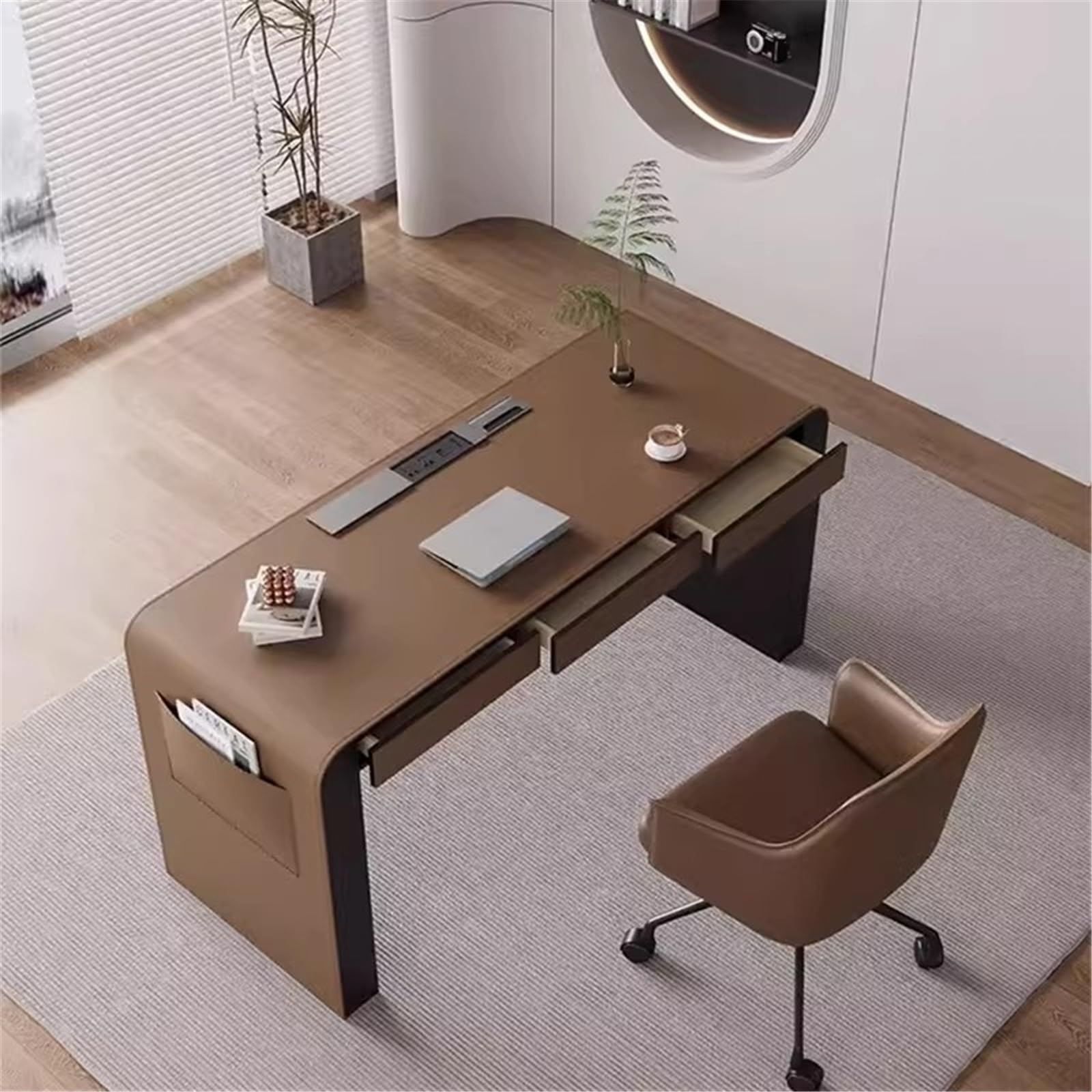 Biurko komputerowe Biurko w stylu minimalistycznym, skórzane, z gniazdami ładowania USB, nowoczesne biurko do nauki i pisania miejscem przechowywania(S)