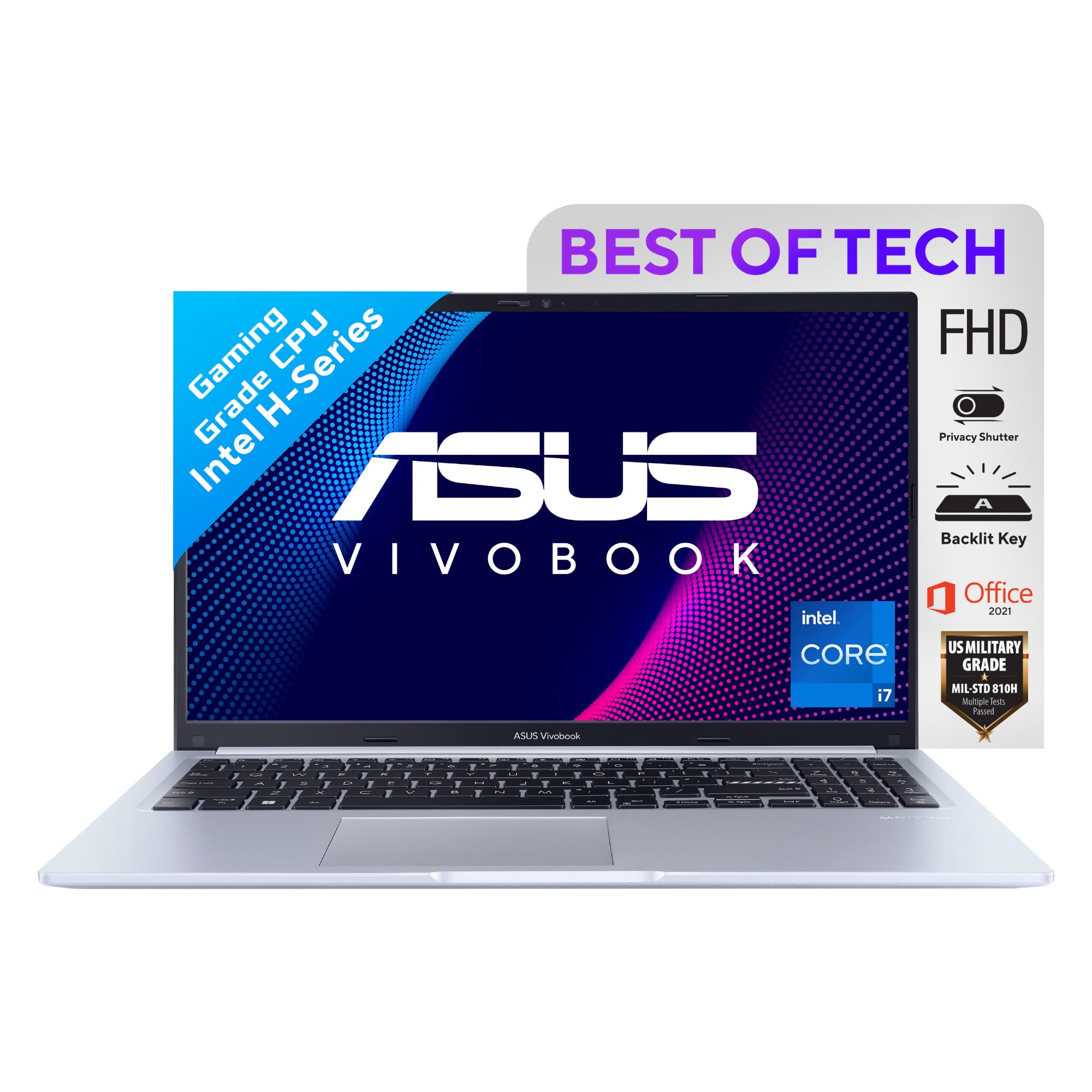 ASUS Vivobook 15, IntelCore i7-12650H 12th Gen, 15.6" (39.62 cm) FHD, Thin and Light Laptop (16 GB RAM/512GB SSD/Win11/Office 2021/Backlit/42WHr /Silver/1.75), X1502ZA-EJ742WS