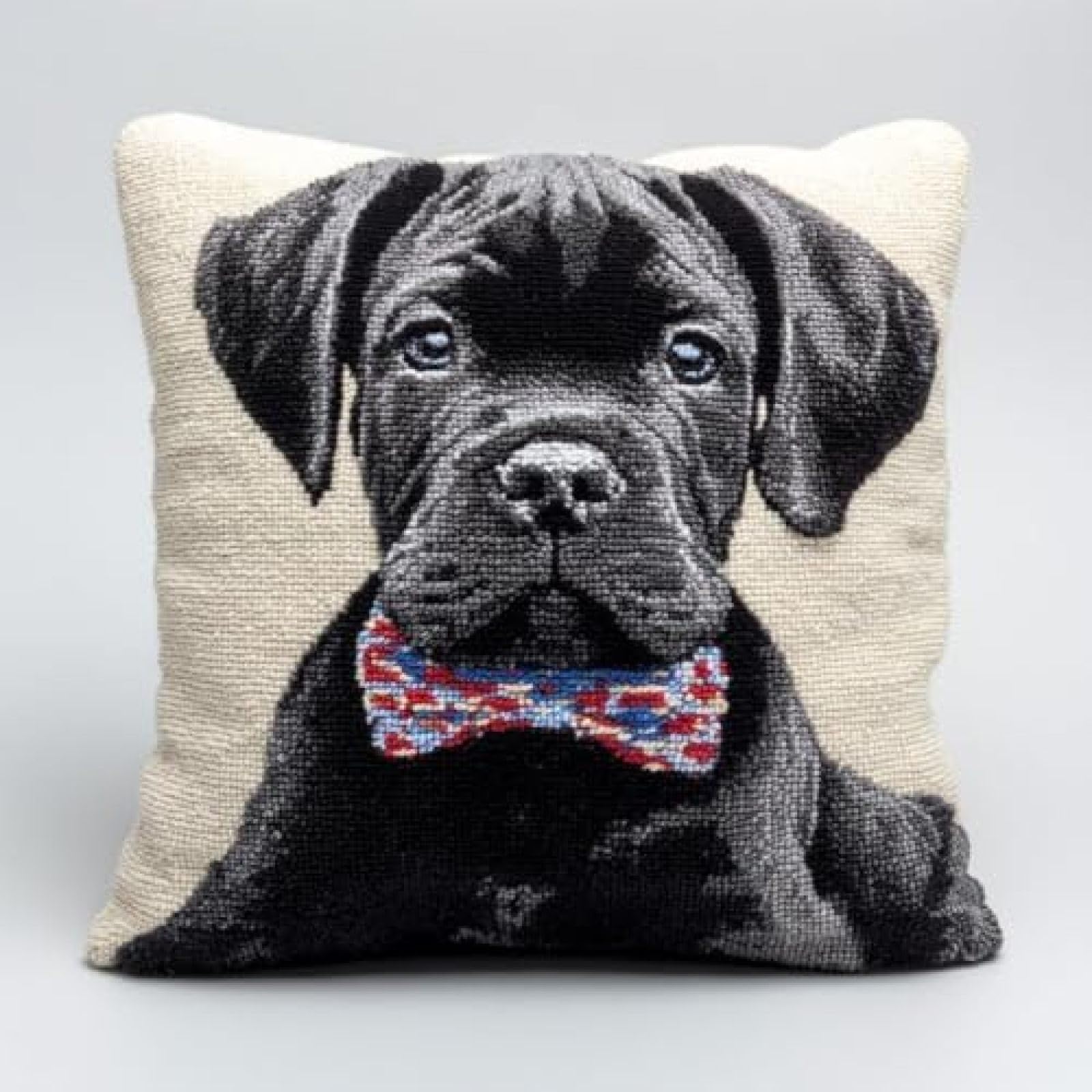 kitphoenix DIY Pillow Cover Latch Hook Kit for Adults,Cane Corso Dog Bow Tie,Pre-Printed Rug Hooking Craft Kit with Yarn and Hook,43x43 cm Cushion Case Making Set