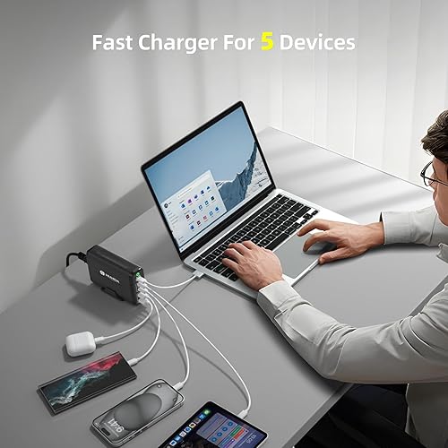 Miniatura 6 de HUNDA Cargador USB C de 245 W, estación de carga GaN, 5 puertos PD 140 W, cargador para MacBook, adaptador rápido, compatible con PD3.1/PPS 45W/QC5