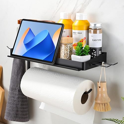 Taozun Soporte para toallas de papel con estante, desgarro con una mano, soporte de pared para toallas de papel de 12 pulgadas con 2 ganchos