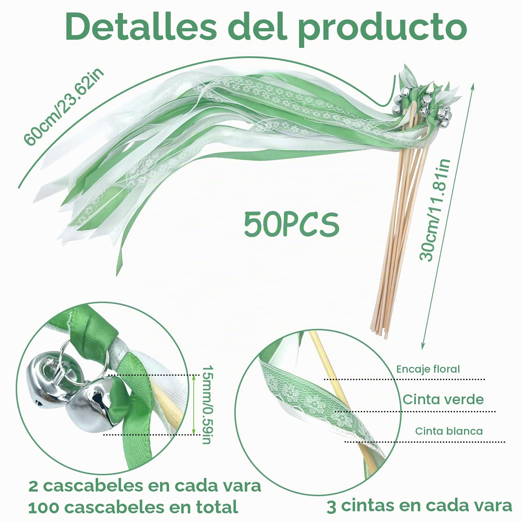 50 Piezas Varitas De Boda,Varitas de Cinta con Campanas,Serpentinas de Cintas de Boda,Serpentinas para Bodas, Magica Cinta Wedding Wands para Cumpleaños, Navidad, Fiestas