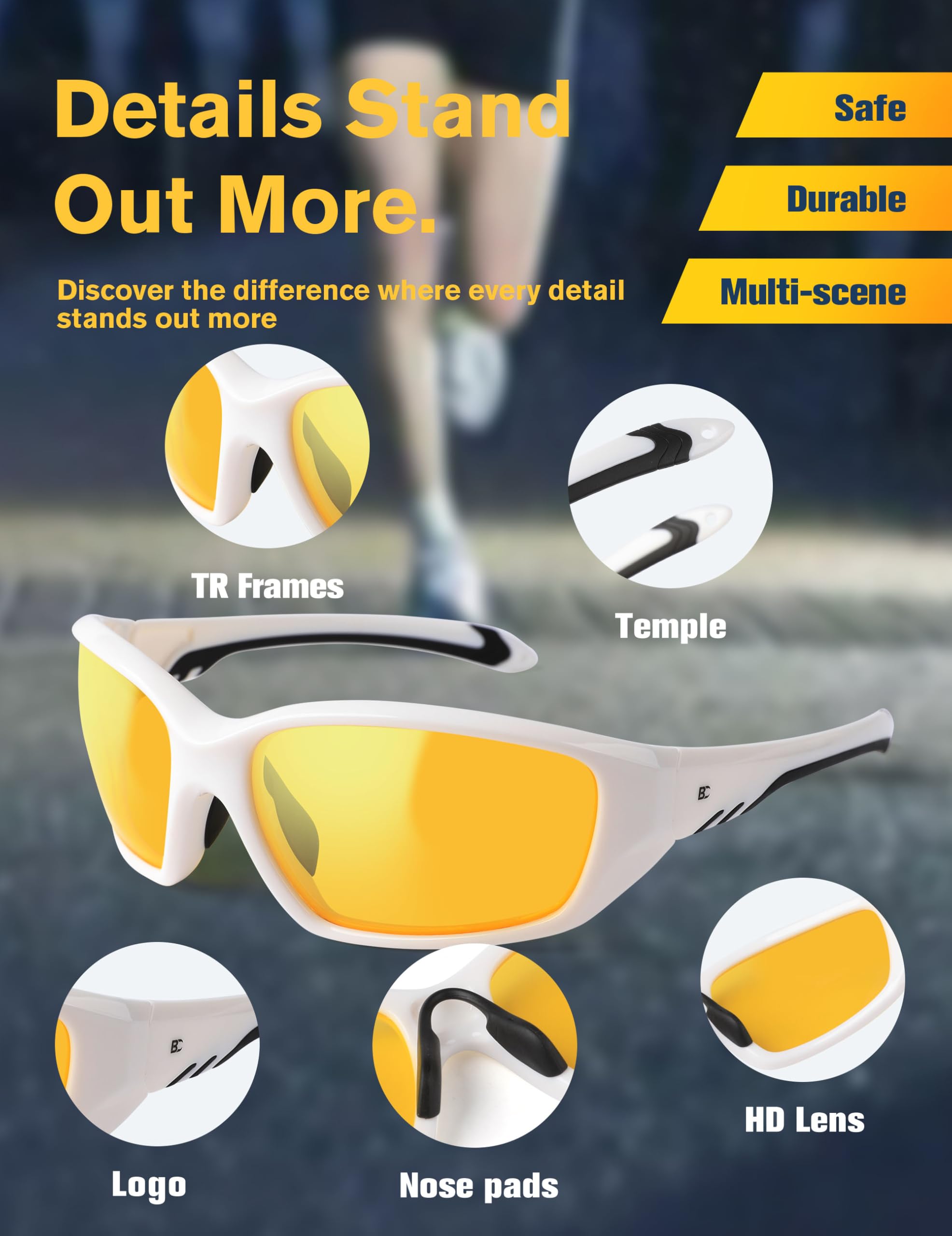 Lunettes de conduite de nuit pour homme : lunettes de vision nocturne HD anti-reflets TR90 Lunettes de conduite teintées jaunes pour la course à pied