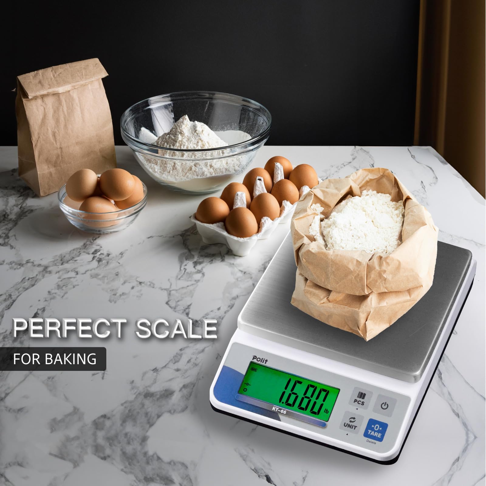 Polit Báscula digital de cocina KT-66, 30lb/13Kg, peso gramo onza 1g/0.03oz precisión, acero inoxidable premium con pantalla LED, 5 unidades para hornear y cocinar (adaptador de corriente incluido)