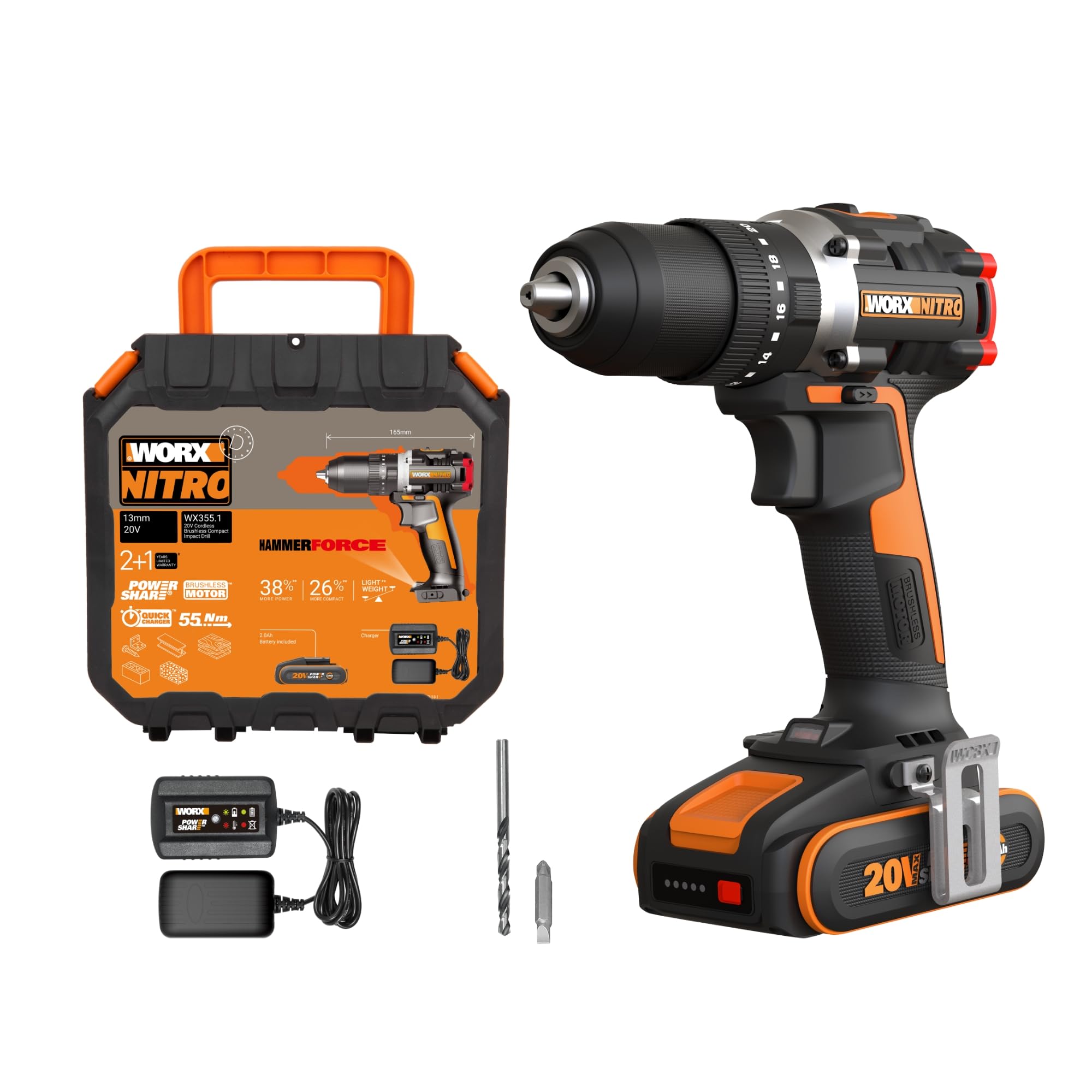 Worx Wx355.1 Cordless Combi Drill With Battery And Charger Case 20V 55Nm