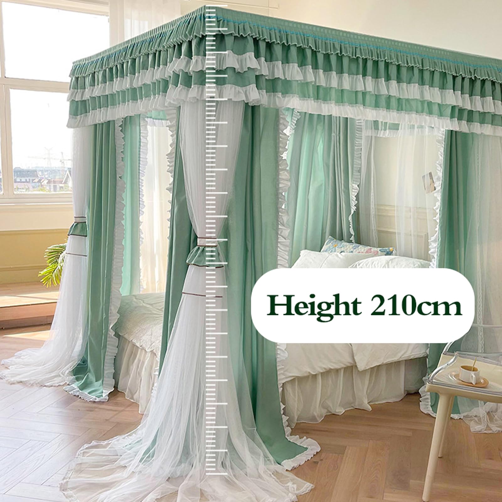 Four Poster Bed Canopy with 3 Doors, Soft Polyester Mosquito Net & Dust Cover for Double Beds, Easy Access Privacy Drapes for Bedroom Decor, Kids Girls Adults, Stylowy ekran z przekąską w pokoju