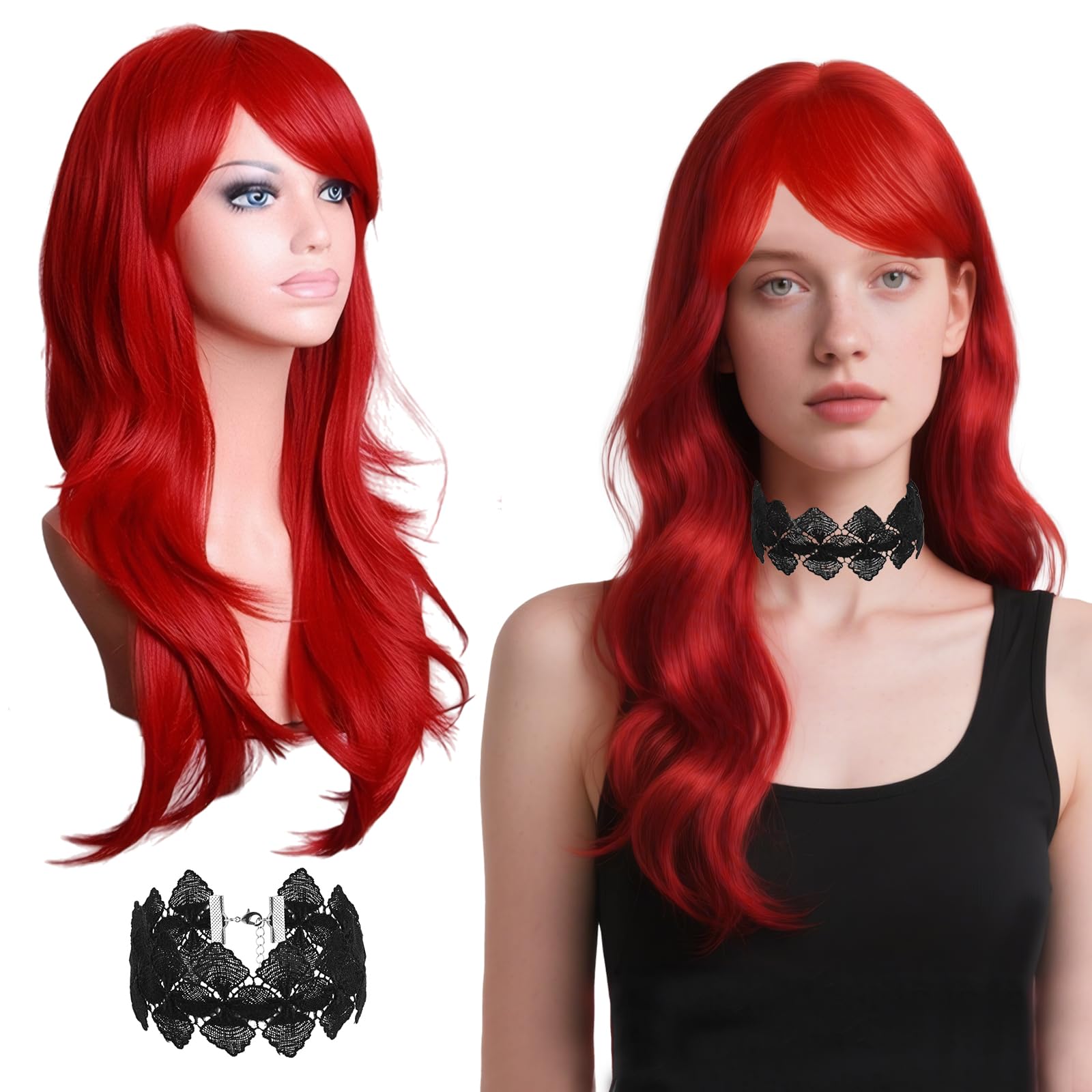 Red Long Wavy Curly Wig for Women Natural Curly Heat Resistant Synthetic Hair Replacement Perfect for Cosplay Halloween Fancy Dress&Daily Wear 27 Inch Includes 1 Lace Necklace