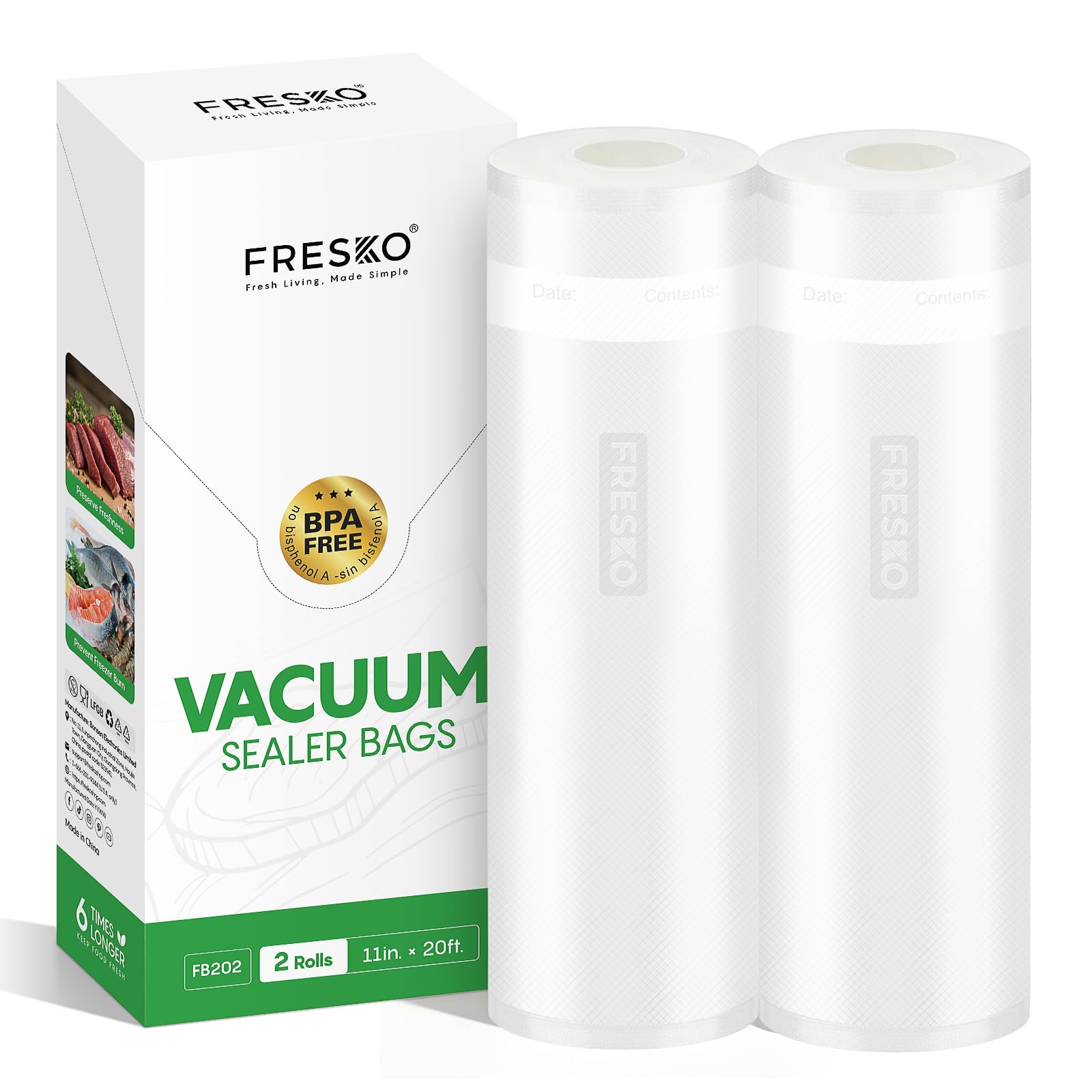 FRESKO Vacuum Sealer Bags Rolls with Write-On Labels, 11" x 20' 2 Pack Bags | BPA Free, Heavy Duty, Customized Size for Food Storage and Sous Vide, Puncture Resistant Heavy Duty Design