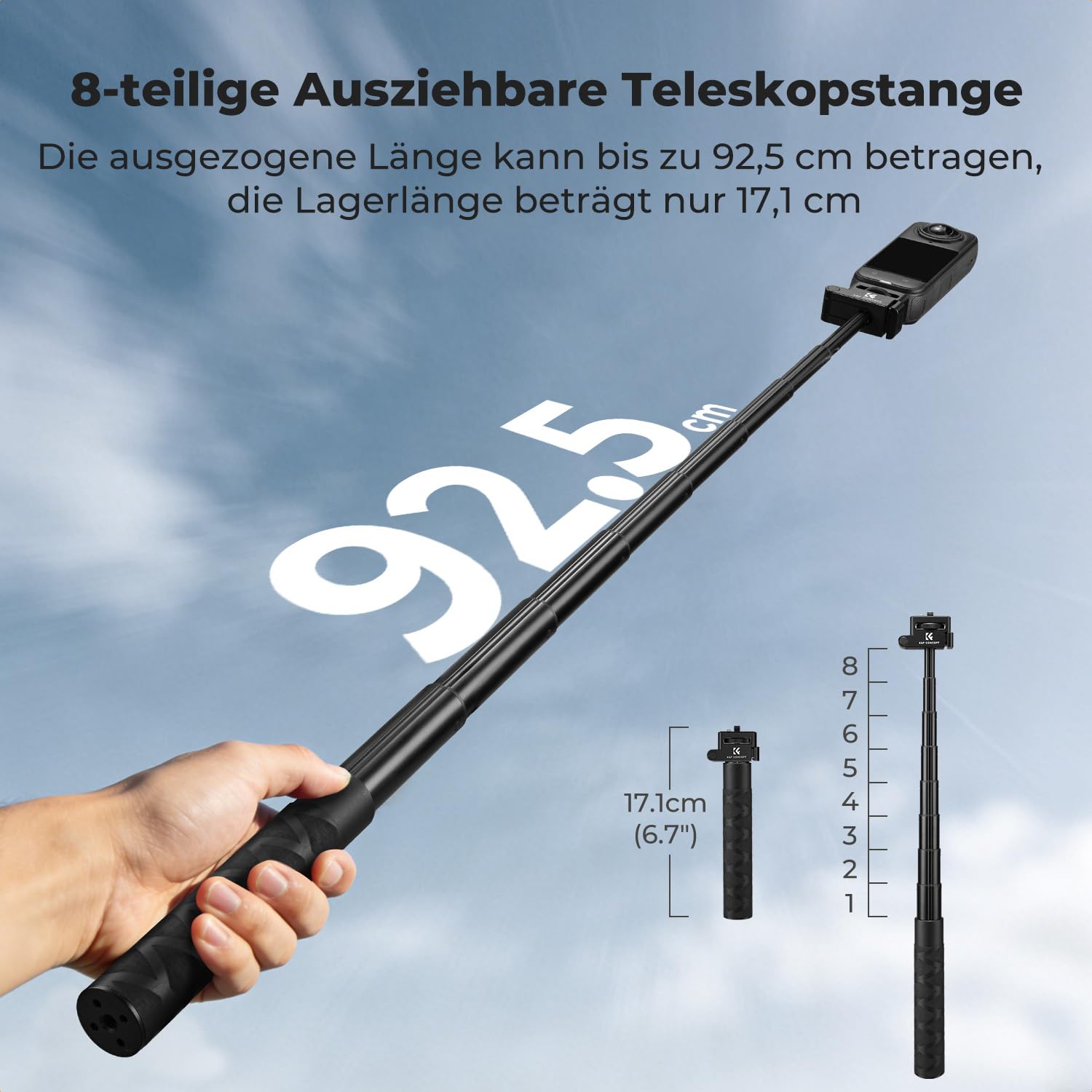 K&F CONCEPT Klappbarer Selfie-Stick für Insta360 X5, 92,5 cm Verlängerungsstange aus Aluminiumlegierung, Unsichtbarer Stab mit 1/4"-Schraub für Insta360 X4 Air/X4/X3, Luna Ultra, DJI Osmo 360