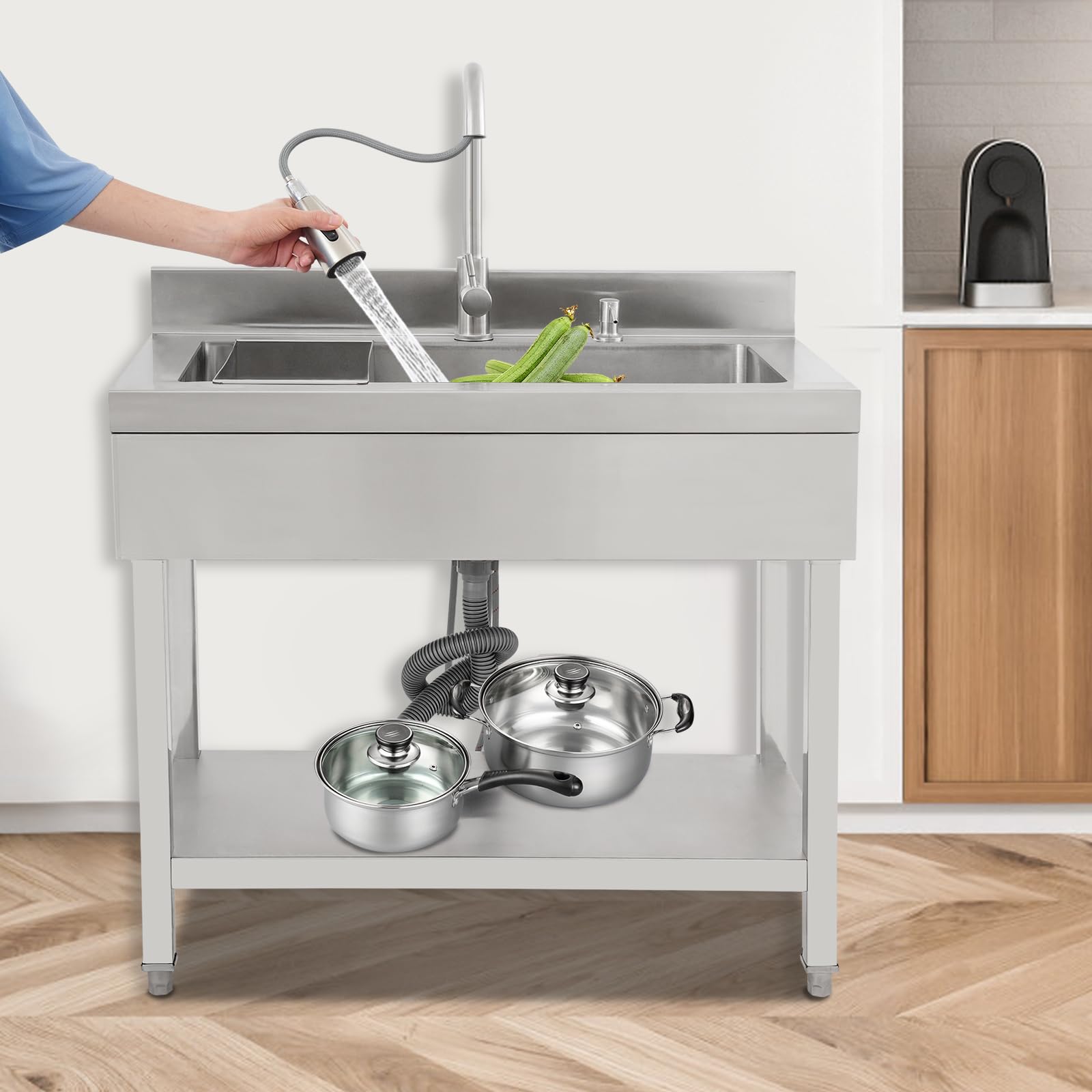 Lavando de acero inoxidable independiente, fregadero individual de cocina rectangular con pedestal, fregadero móvil para cocina, garaje, exterior(90x50x80 cm)