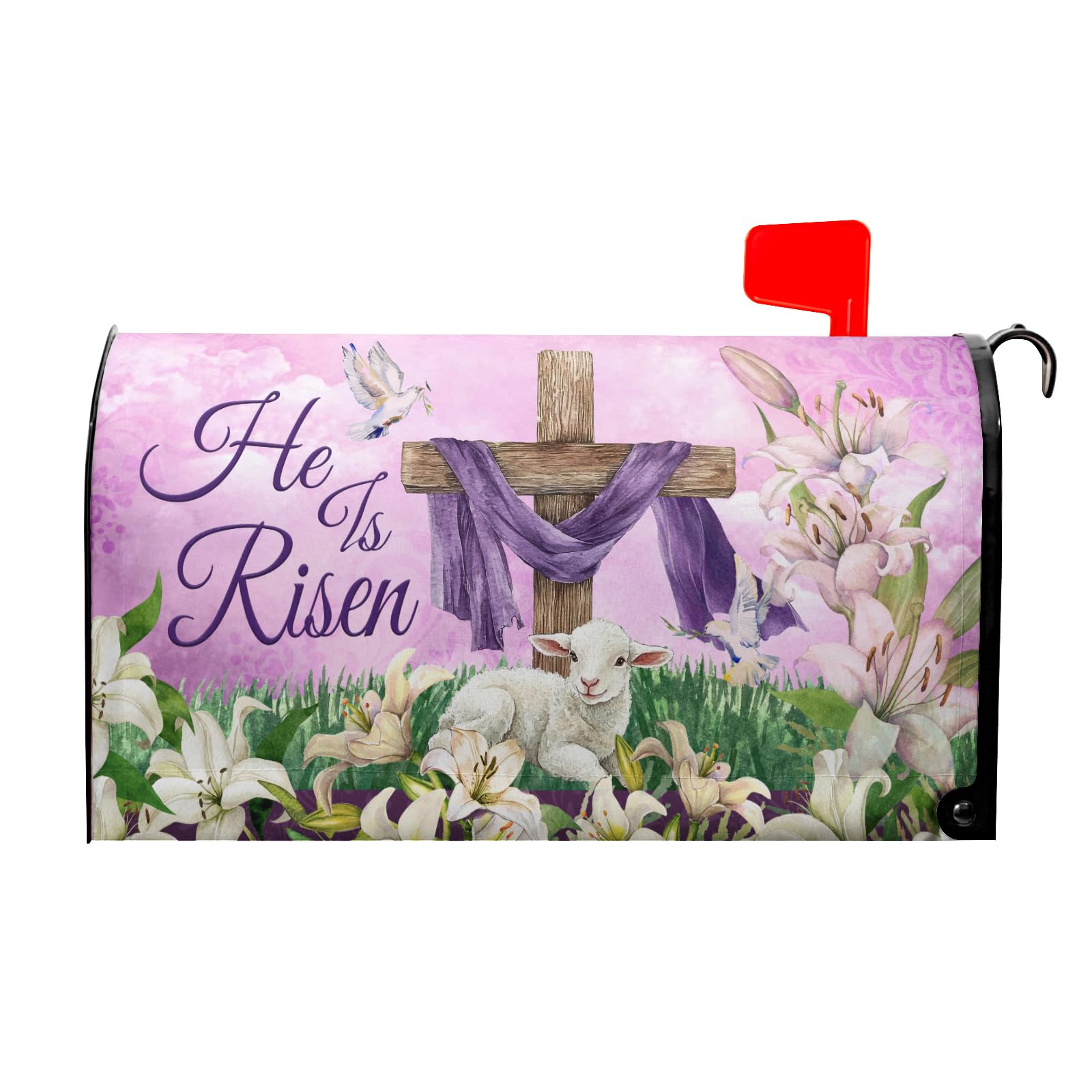 He is Risen Cross Christian Mailbox Cover Magnetic Large Size 25.5x21 Inch Spring Easter Letter Box Wrap Religious Lily Floral Sunrise Lamb Decorative Dust-Proof Letterbox Covers for Home Garden Yard